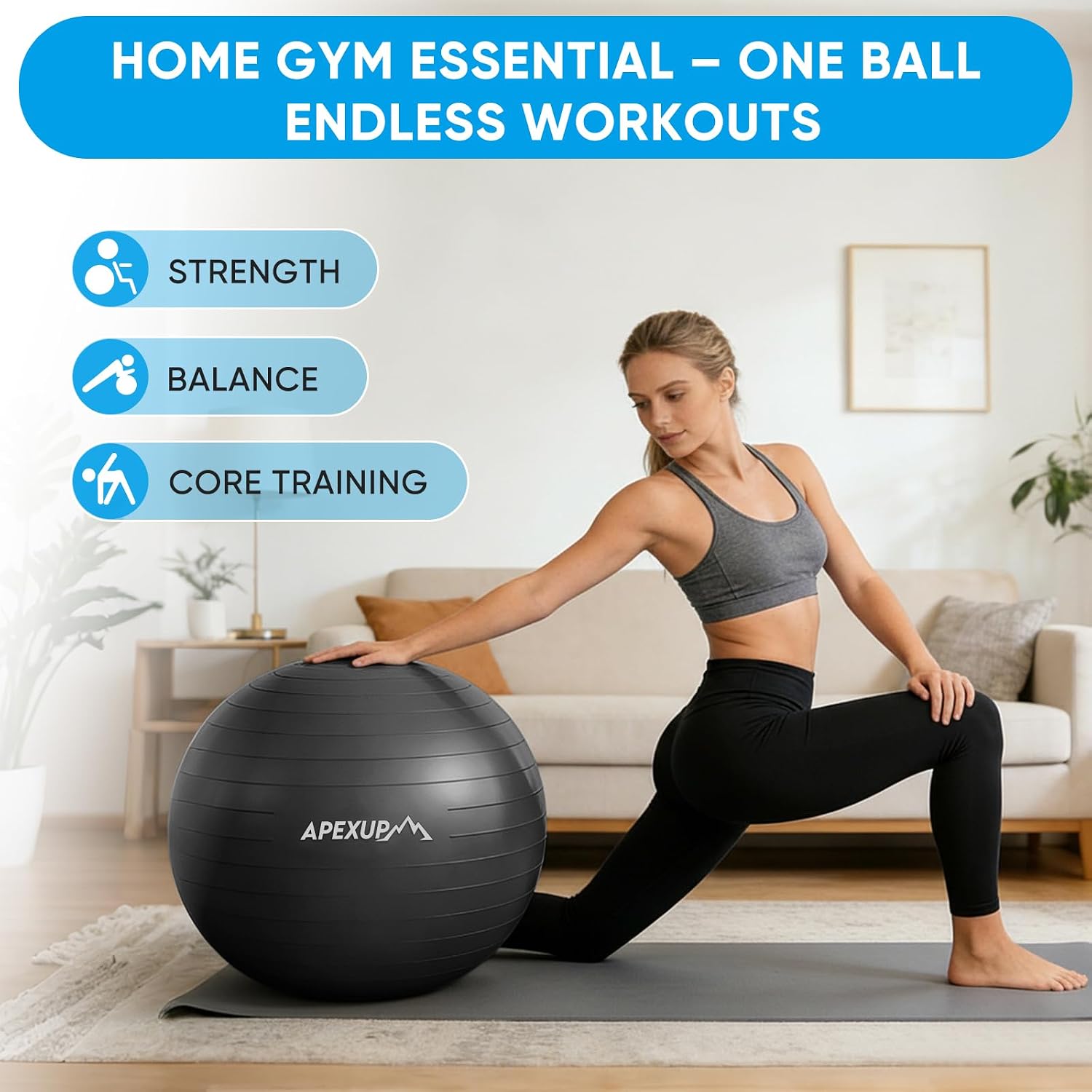 Thumbnail 1 de APEXUP APEXUP-306-CA Yoga Ball, 660 lb Anti-Burst PVC with Pump