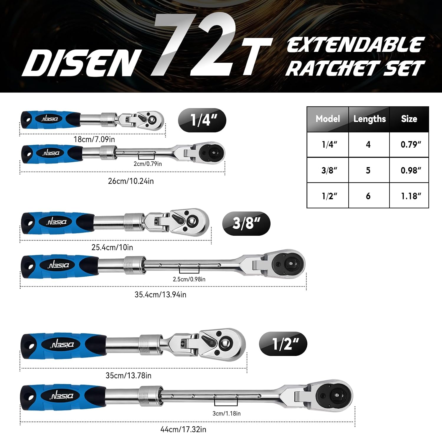 Detalle 2 de DISEN DISEN-3HDTJLB Extendable Flex-Head Ratchet Wrench Set, 3-Piece, 72-Tooth