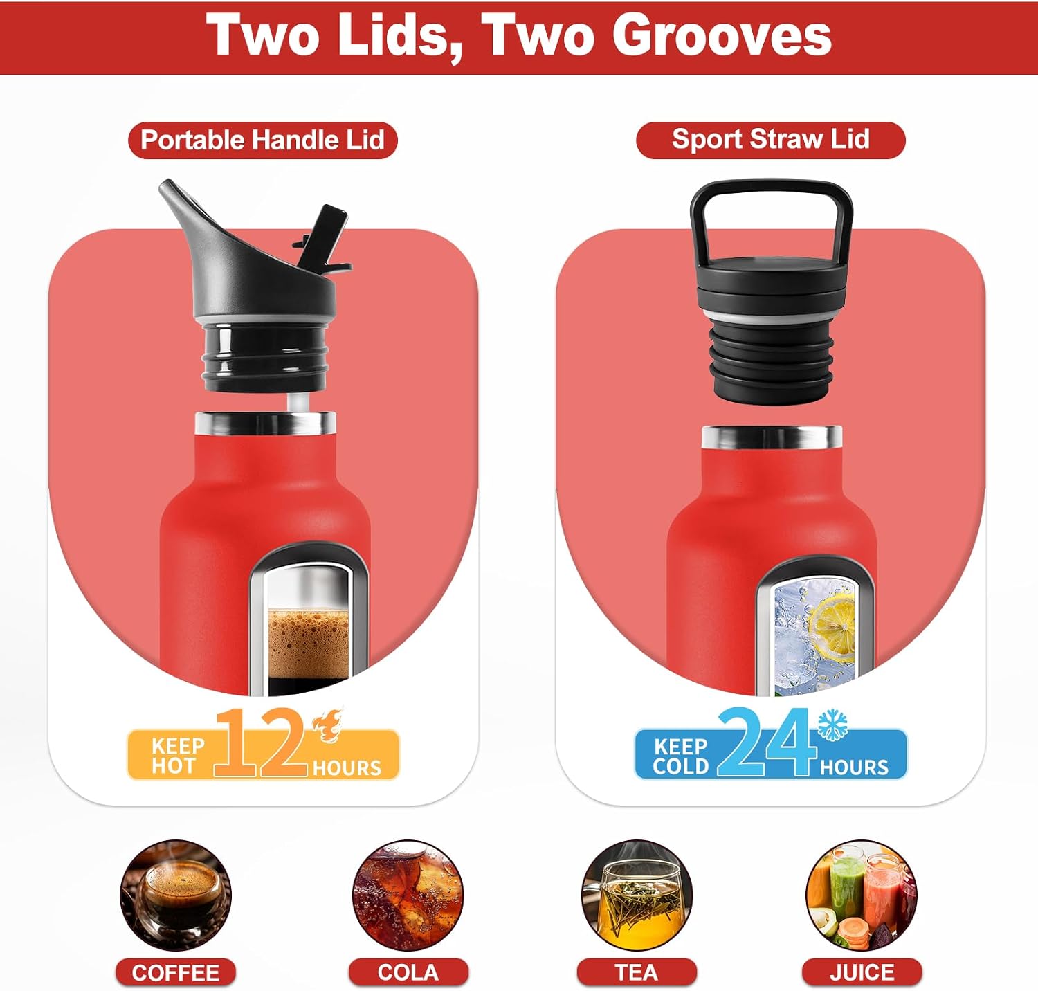 Detalle de Borraccia Acciaio Inox 500 ml con cannnuccia e 2 coperchi riutilizzabile, senza BPA