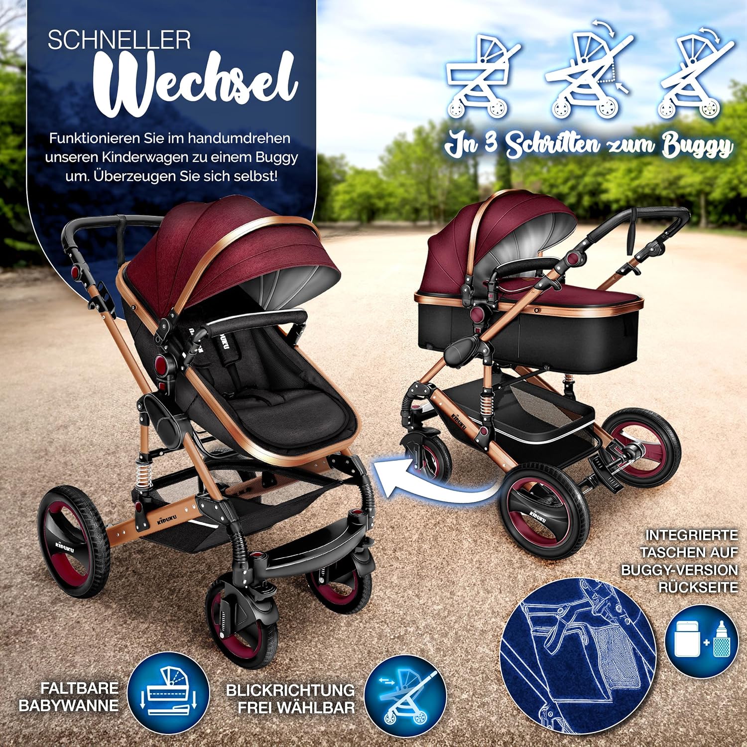 Thumbnail 4 de KIDUKU 3-in-1 Kinderwagen XXL Komplettset (Buggy/Sportsitz, Babywanne & Auto-Babyschale)