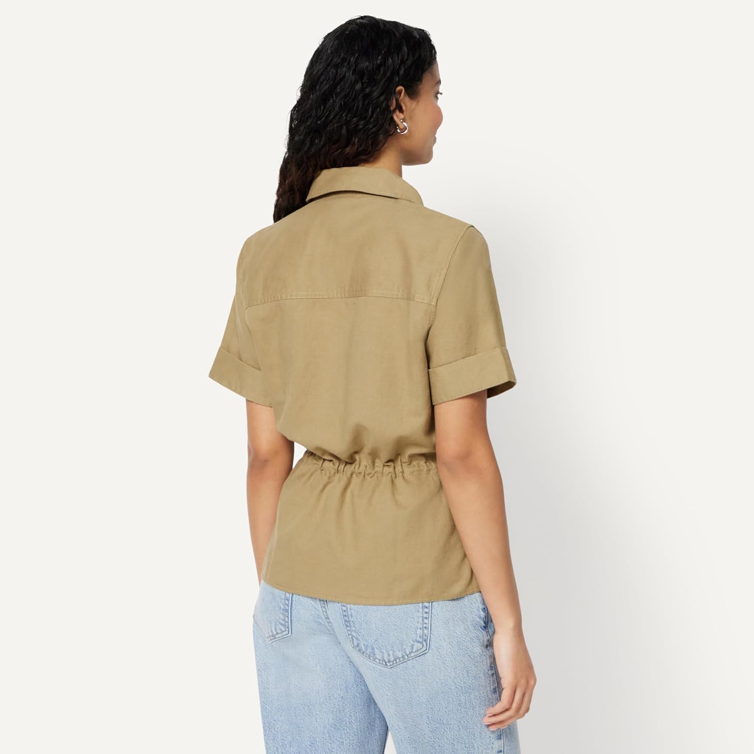 Detalle de Amazon Essentials Women's Relaxed-Fit Linen Blend Wide-Sleeve Shirt with Adjustable Waist