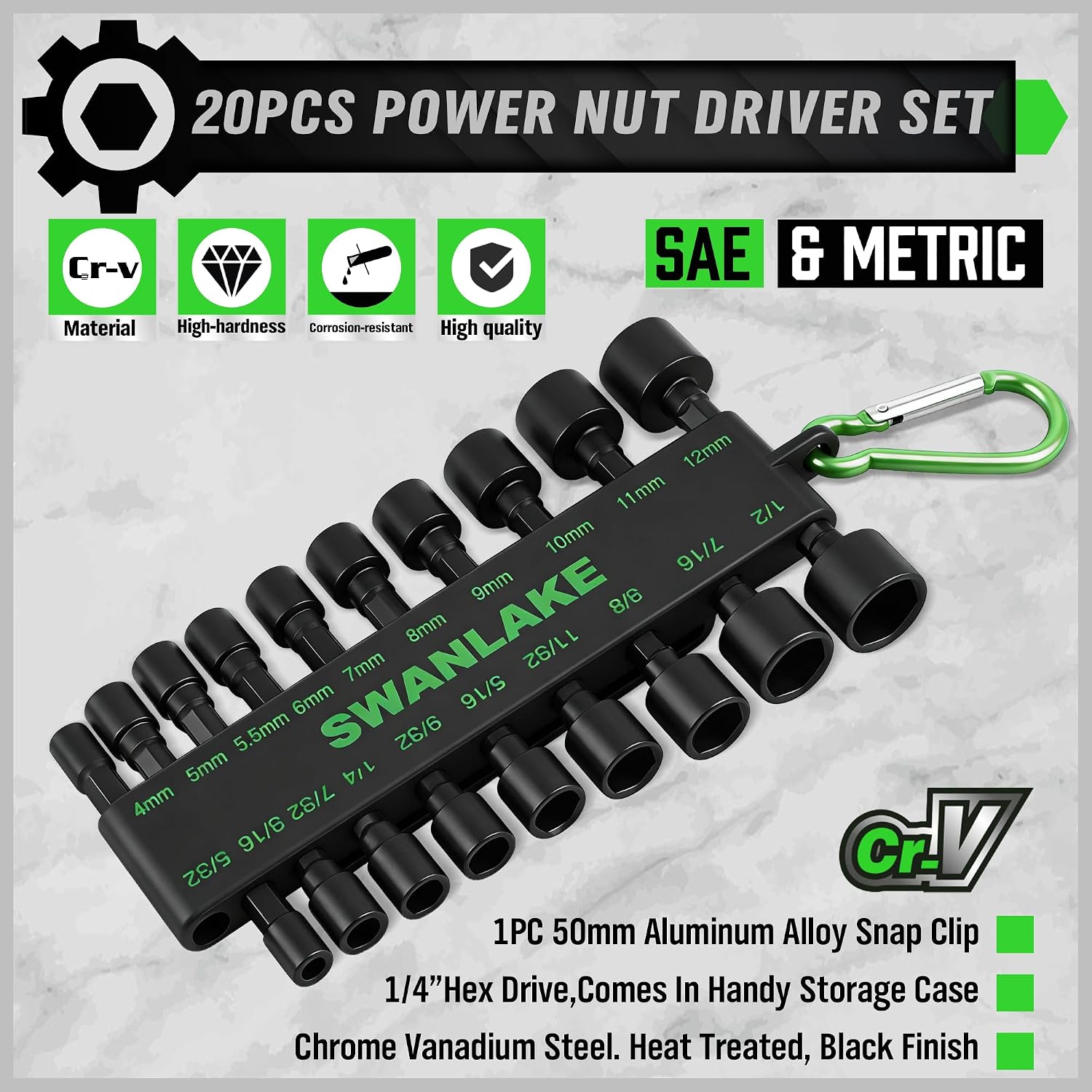 Detalle de SWANLAKE Impact Nut Driver Set, 20-Piece
