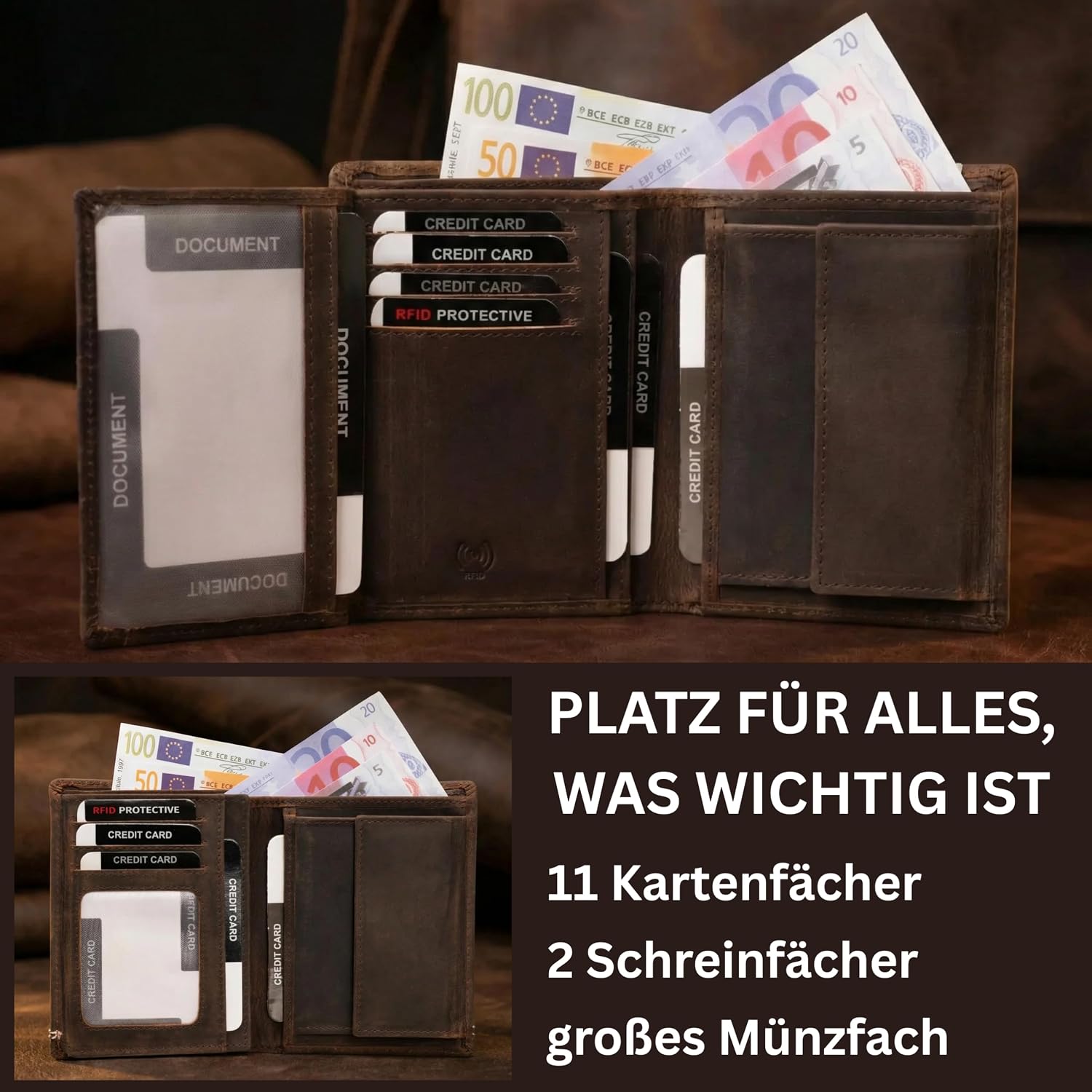 Detalle de Cocoono Leder Geldbörse Herren mit RFID-Schutz – Echtleder, braun, 11 Kartenfächer, Münzfach, kompakt (12,5 × 10 × 1,5 cm)