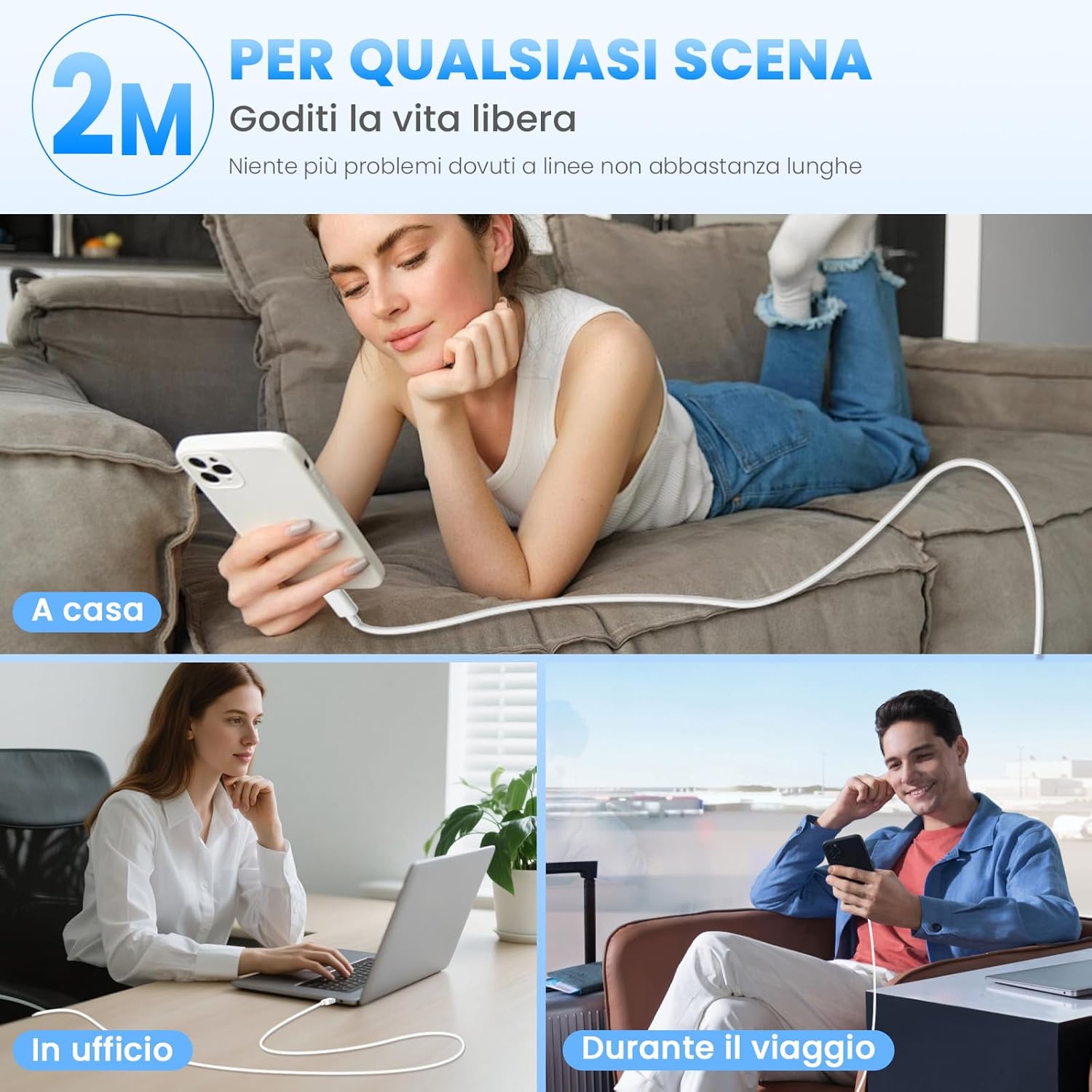 Detalle de Caricatore USB C 2 Pack + Cavi USB-C a USB-C da 2 m: ricarica rapida e affidabile per iPhone, Galaxy e iPad