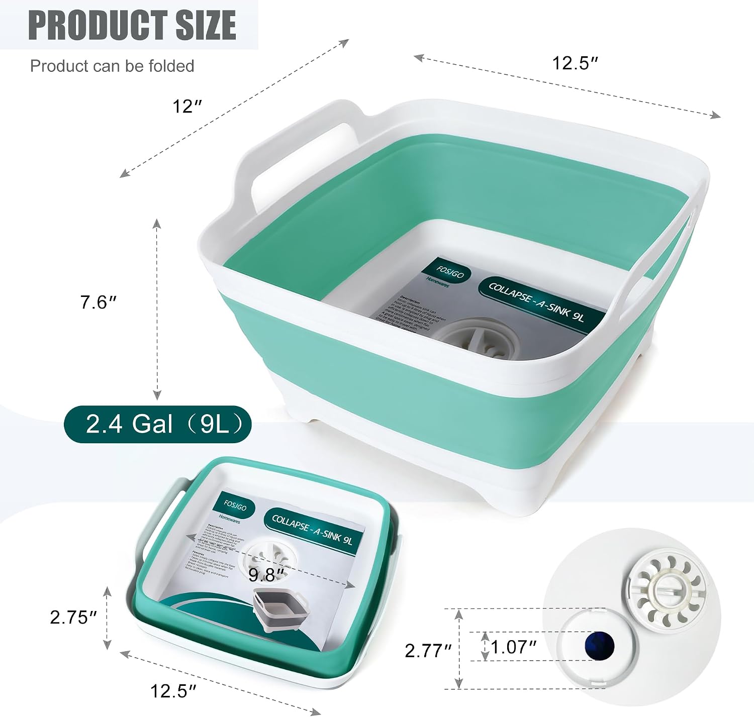 Thumbnail 1 de FOSJGO Collapsible Dish Basin, 9L with Drain Plug and Folding Design
