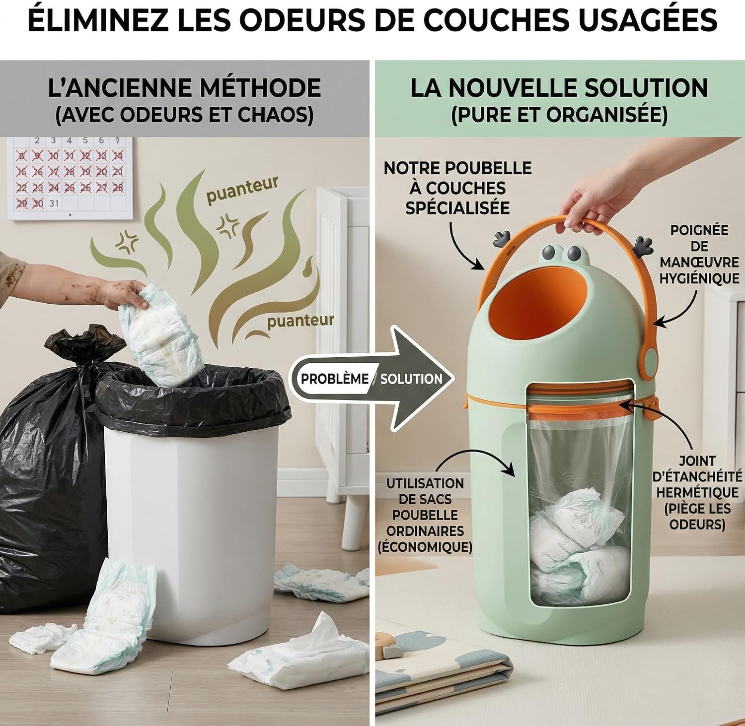 Detalle de P@B PBell Diaper Pail, Grey, 15 L, Odour Lock, Any Standard Trash Bag