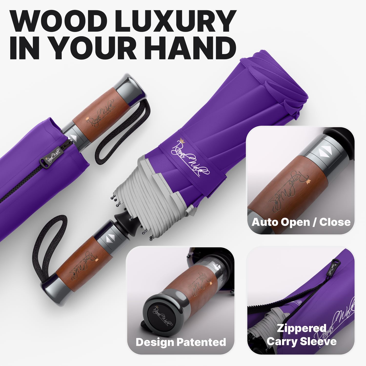 Thumbnail 2 de Royal Walk Windproof Folding Travel Umbrella with Real Wood Handle – Luxurious, Compact, and Dry‑One Shake