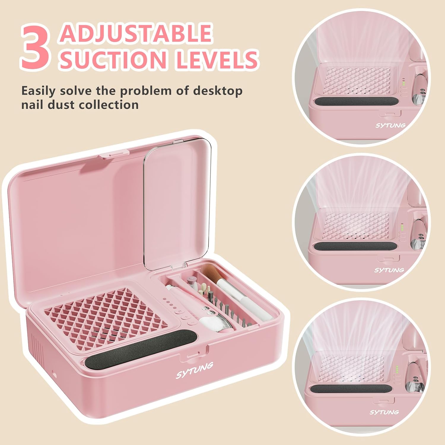 Detalle de SYTUNG Electric Nail Drill Professional - 15000RPM Cordless Kit (Pink)