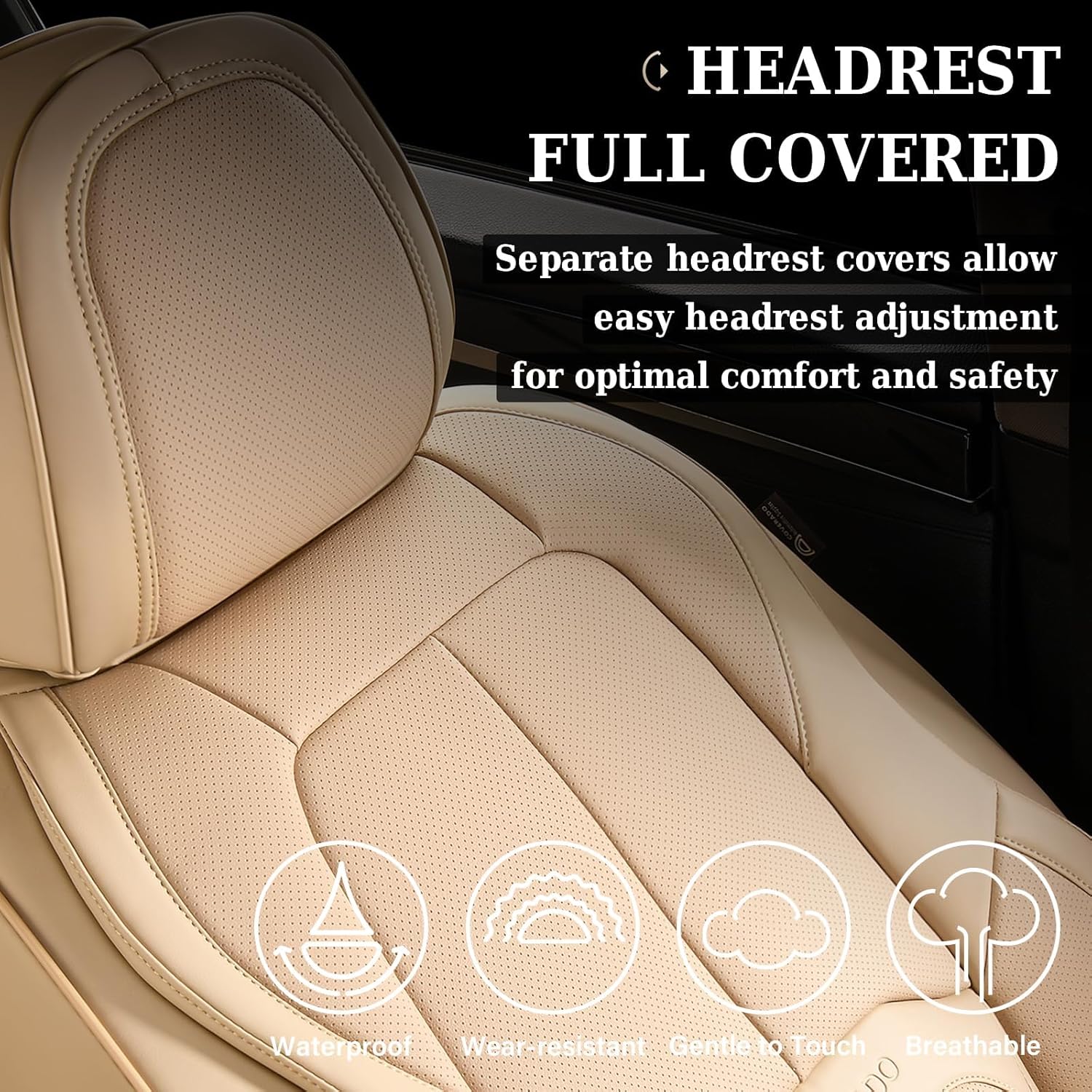 Thumbnail 4 de Coverado Car Seat Covers Full Set (Premium Faux Nappa Leather) – Waterproof Universal Fit with Lumbar Support, Beige
