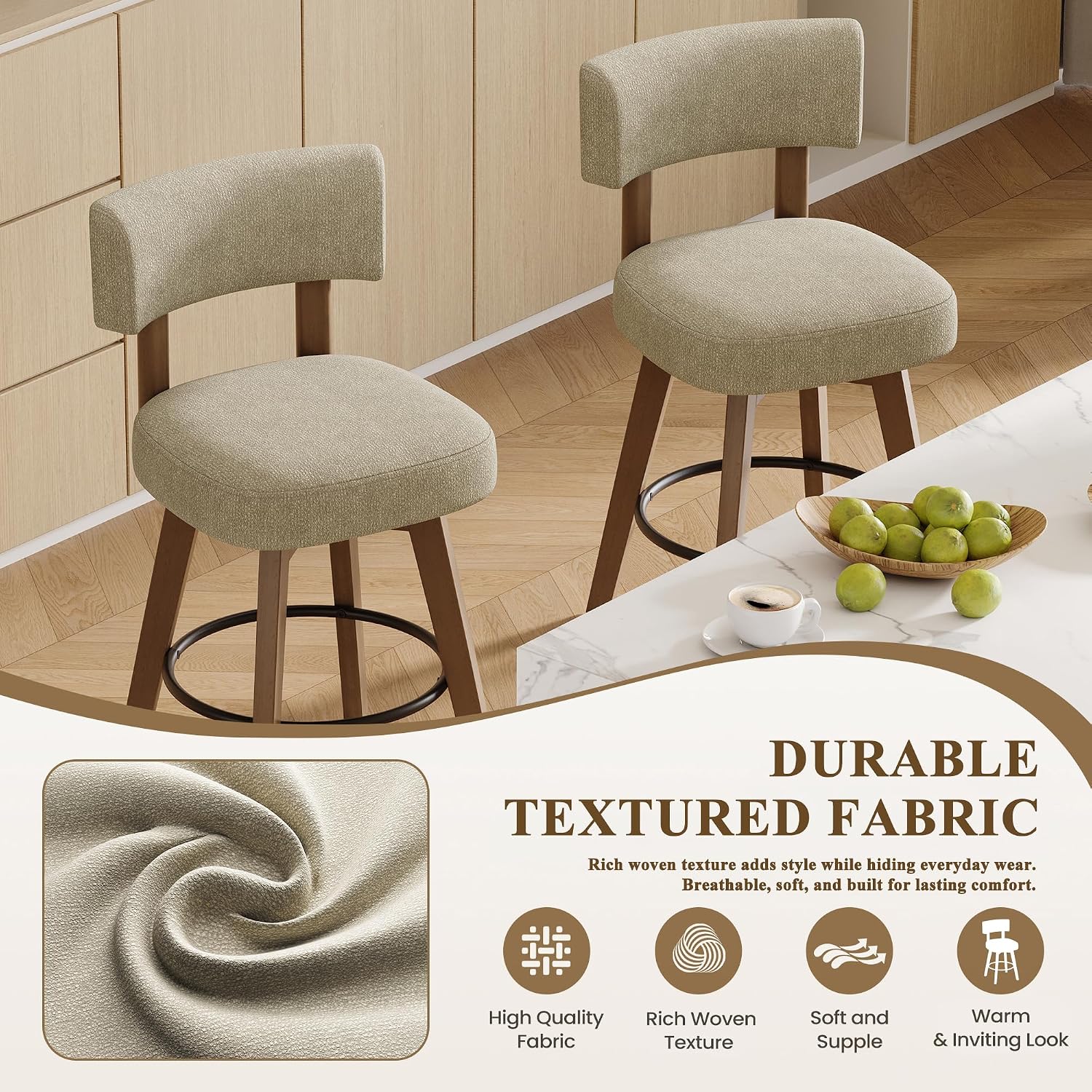 Thumbnail 4 de MALOL BSW37 Swivel Bar Stools, Set of 2, Camel Fabric, Solid Wood Legs