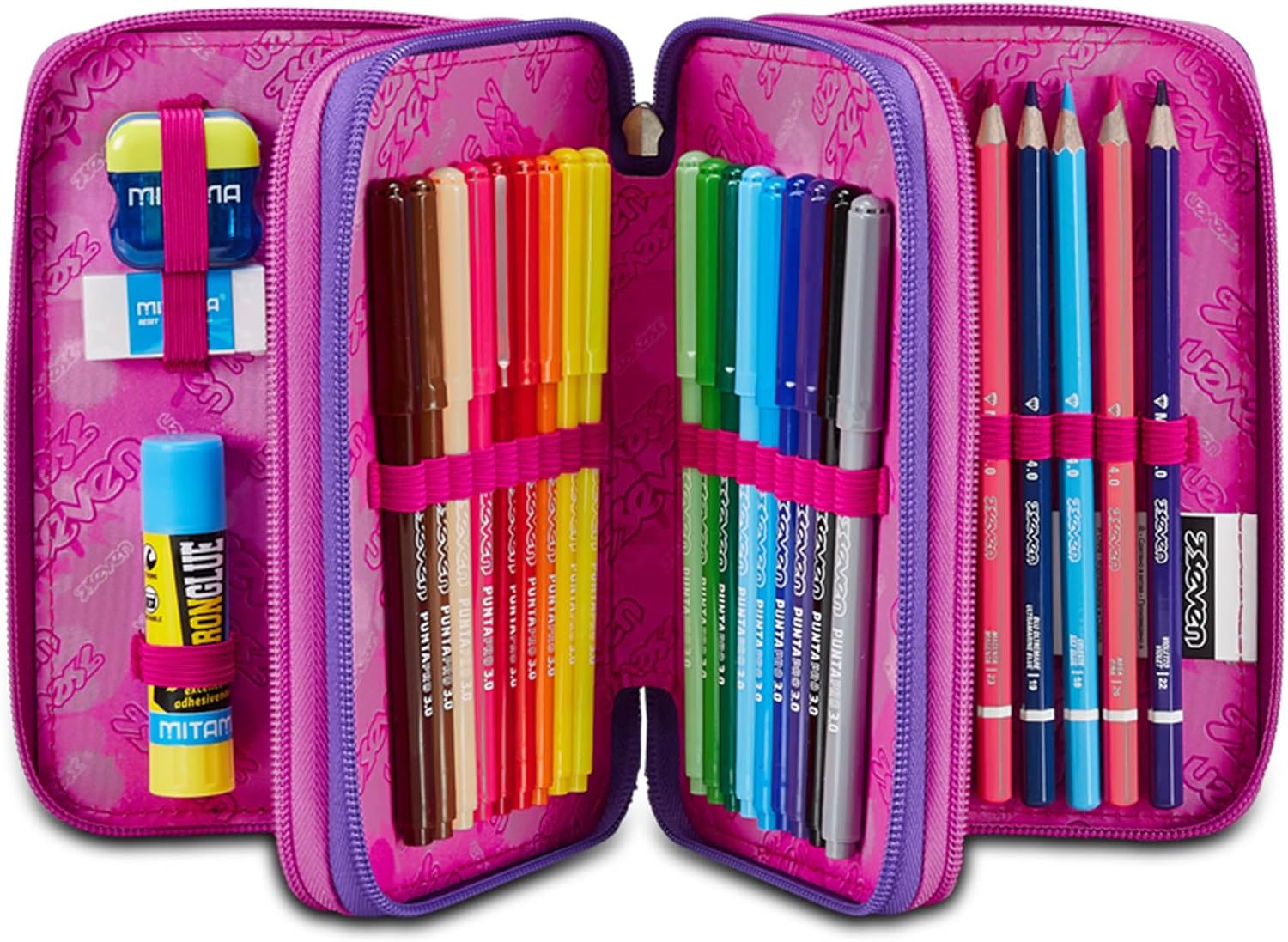 Thumbnail 1 de Seven Trousse Scolaire 3 Zip - Rose Violet Fuchsia (Bubble Street) avec Porte-stylo et matériel inclus