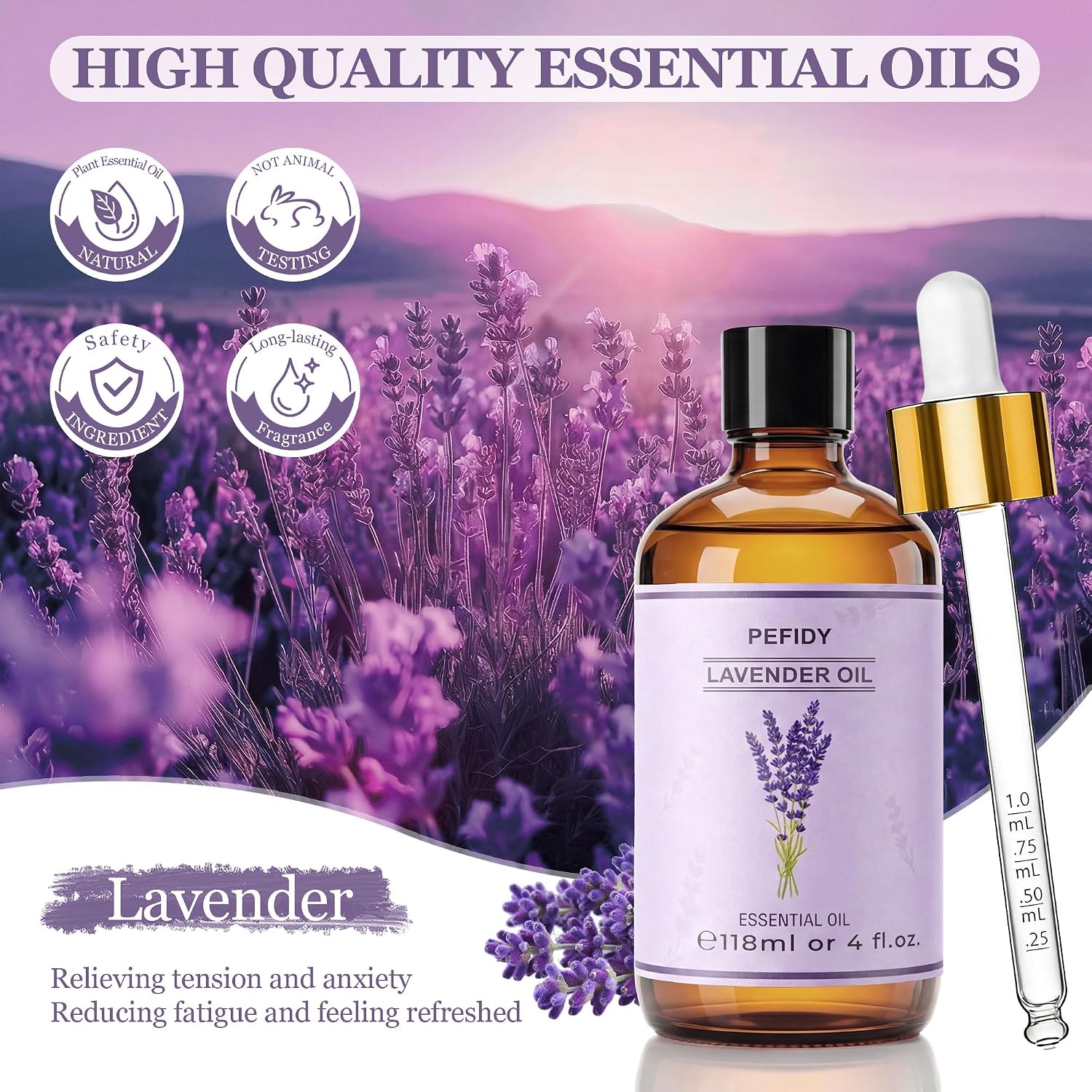 Detalle de Olio Essenziale di Lavanda 118ML di PEFIDY: profumo elegante e versatile per casa e benessere