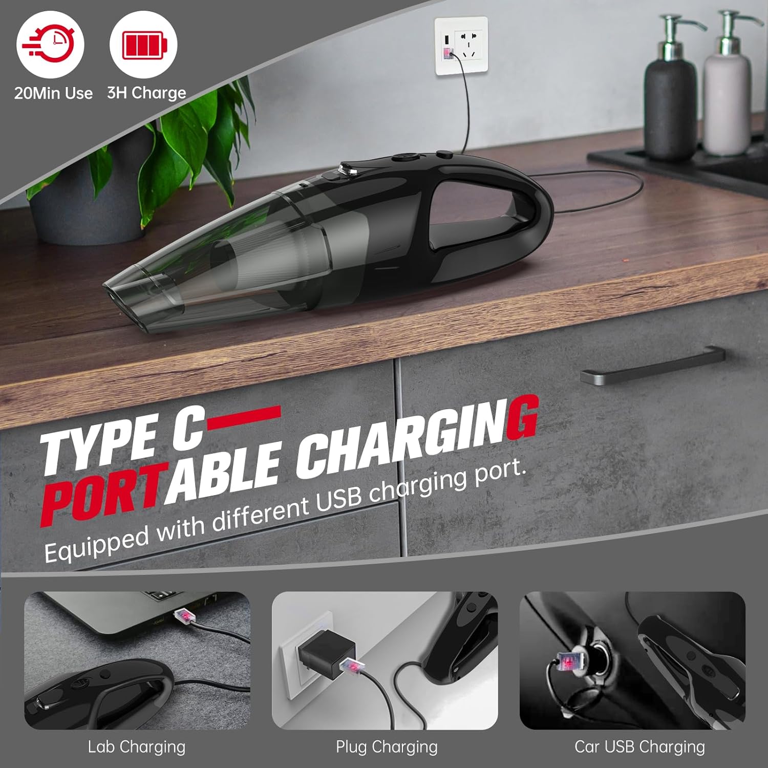 Thumbnail 4 de BSRCO Handheld Cordless Vacuum: Lightweight Car & Home Cleaner with LED, USB Charge, 25–30 Min Run Time