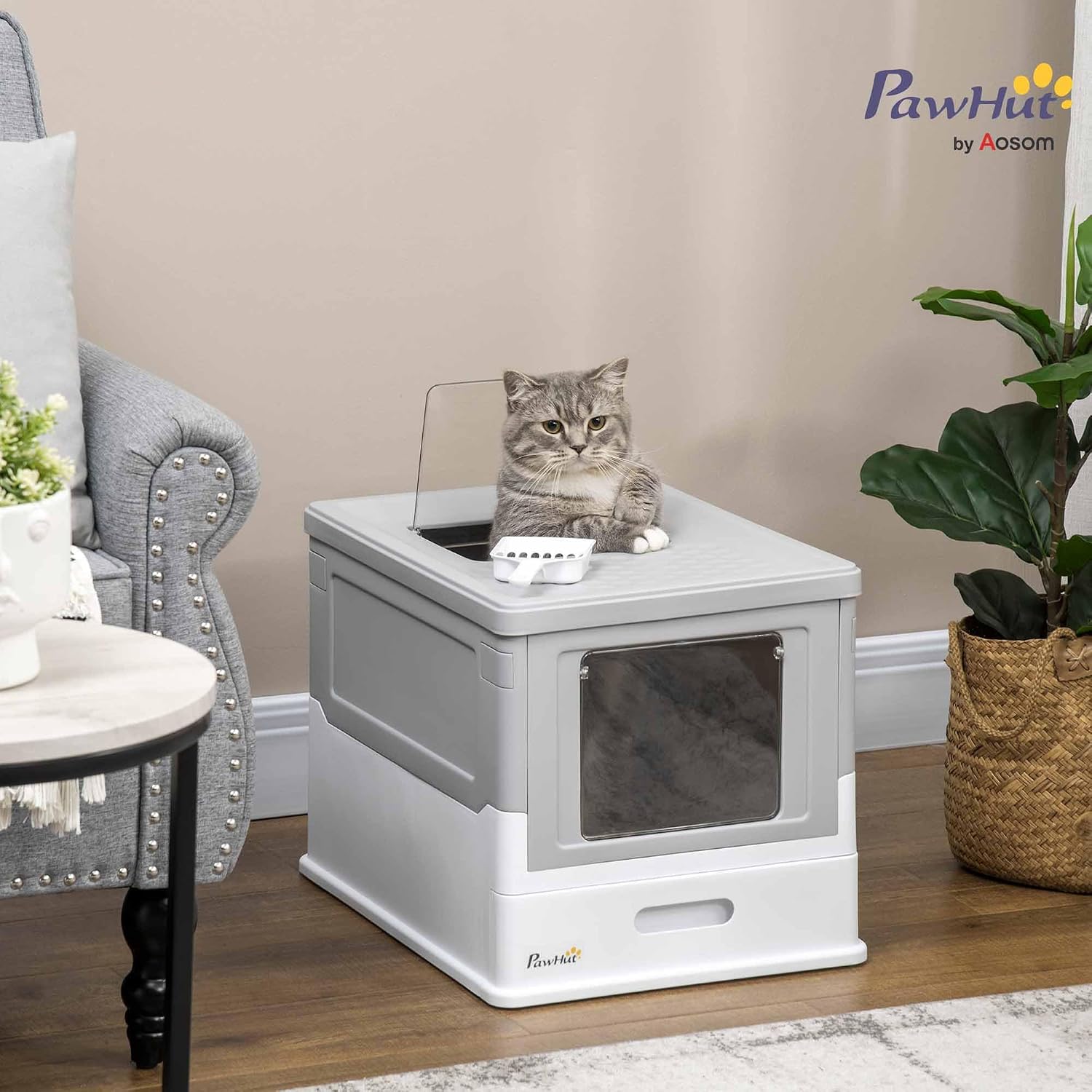 Thumbnail 1 de PawHut Cat Litter Tray with Hood – Enclosed Litter Box with Front Entry, Scoop and Foldable Design