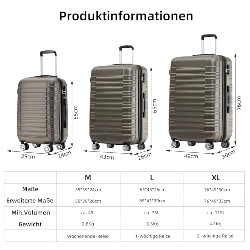 Detalle de BEIBYE Reisekoffer 2088 Hartschale – Größe L, 65×43×26 cm, 3,5 kg, 75 L, Coffee