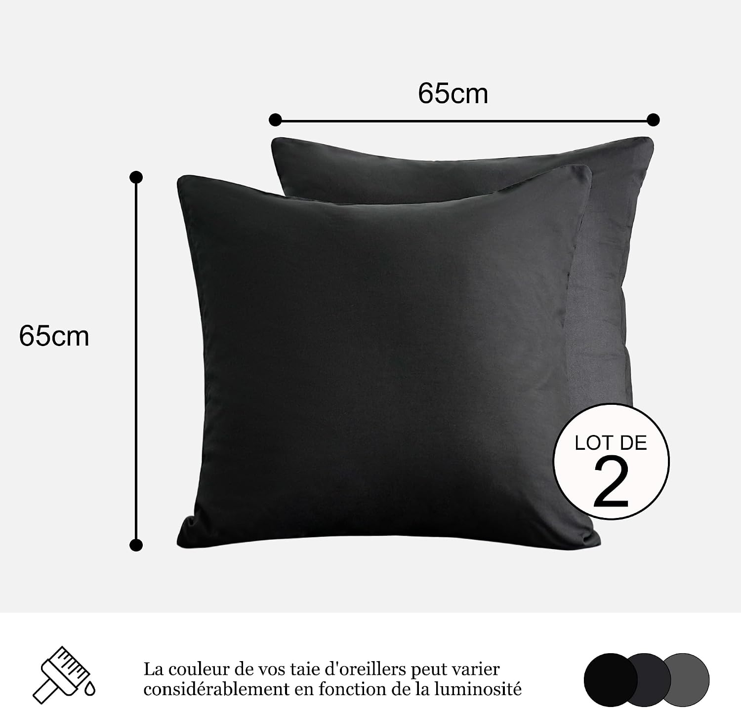 Detalle 2 de Lot de 2 taies d’oreiller AYSW 18 Couleurs en microfibre brossée 65x65 cm noir, fermeture éclair