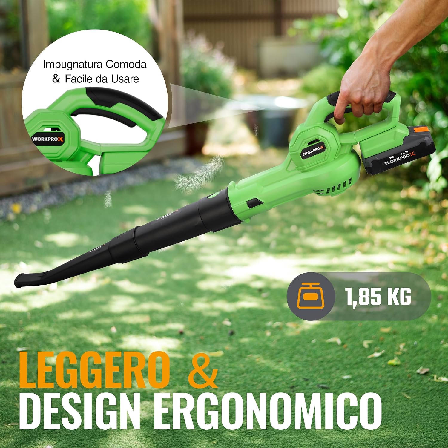 Detalle 2 de WORKPROX Soffiatore per Foglie 20V con Batteria 4000mAh – Flusso d'Aria 222 km/h, 290 m³/h