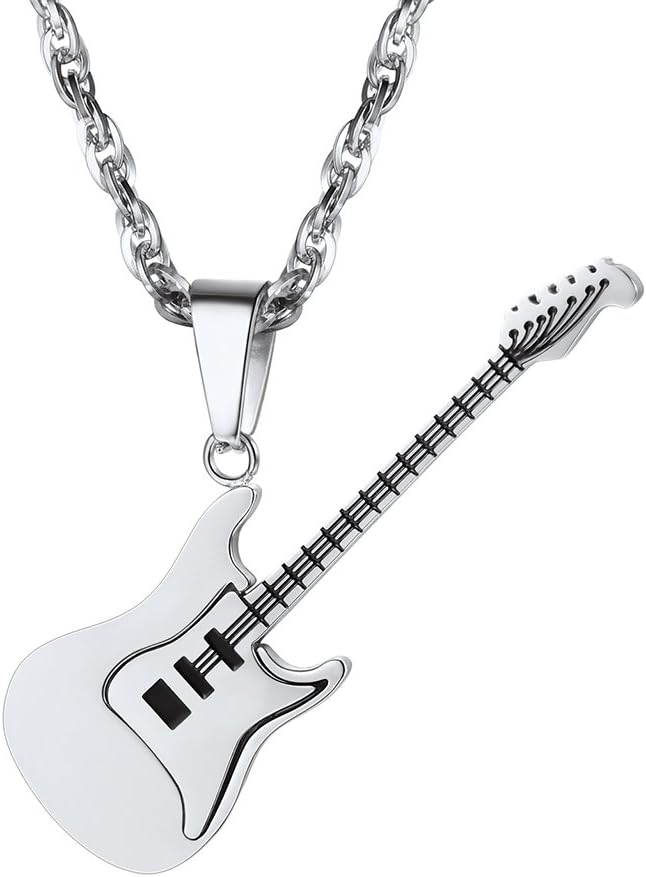 Detalle de PROSTEEL Collana con ciondolo chitarra elettrica da uomo, catena regolabile in acciaio inox placcato oro 18K e incisione personalizzabile