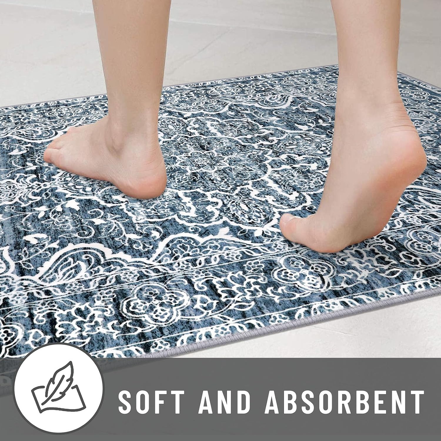Thumbnail 6 de KUTA 3x5 Entryway Rug (Blue White Vintage Floral) Non-Slip, Washable Low-Pile