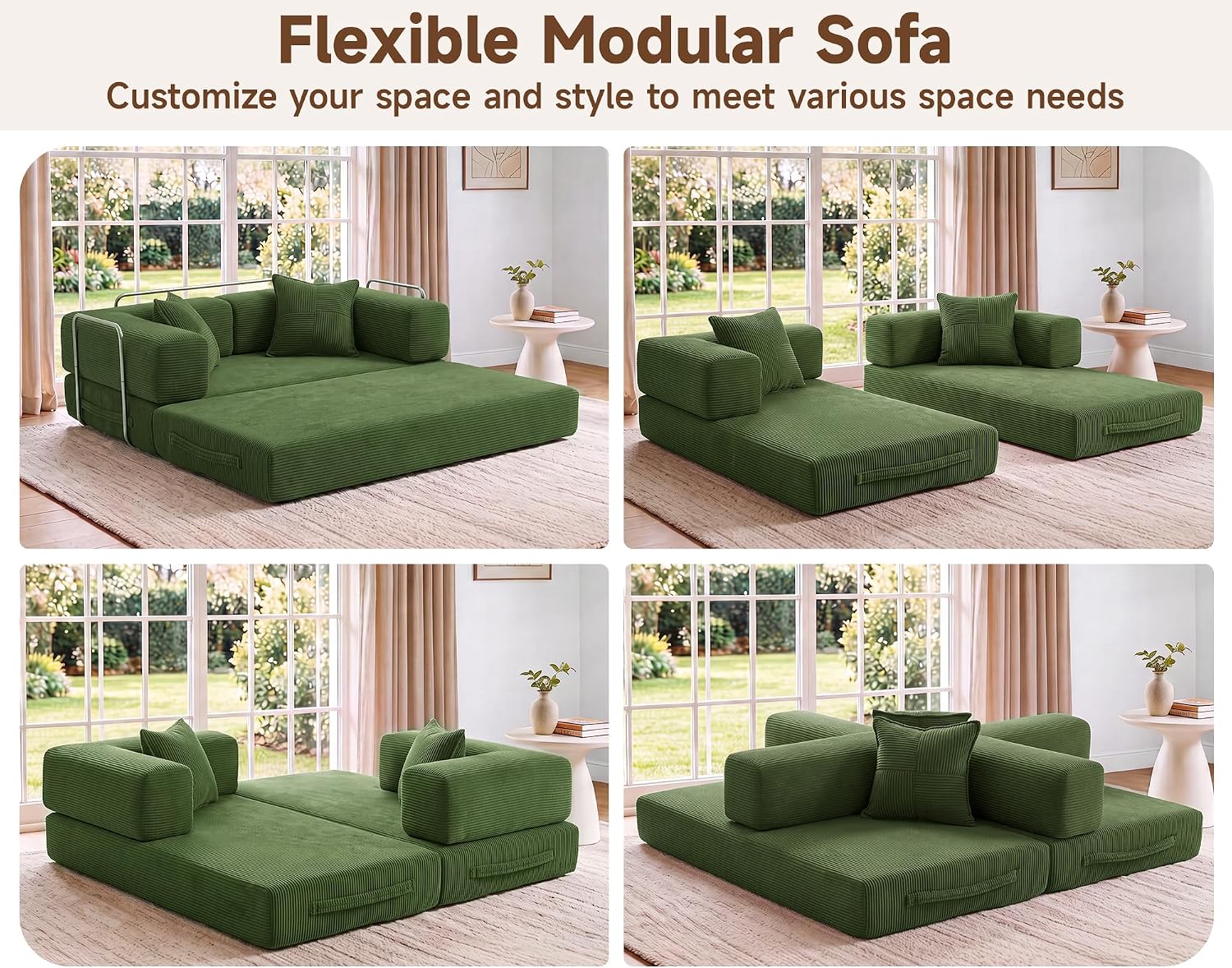 Detalle 2 de Dyonery CA-S61-CO-GN 5-in-1 Convertible Corduroy Sleeper Sofa, Green