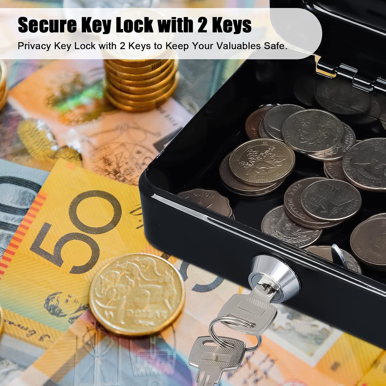 Detalle 2 de KYODOLED 43396-178591 Small Metal Cash Box with Key Lock and Handle, Black