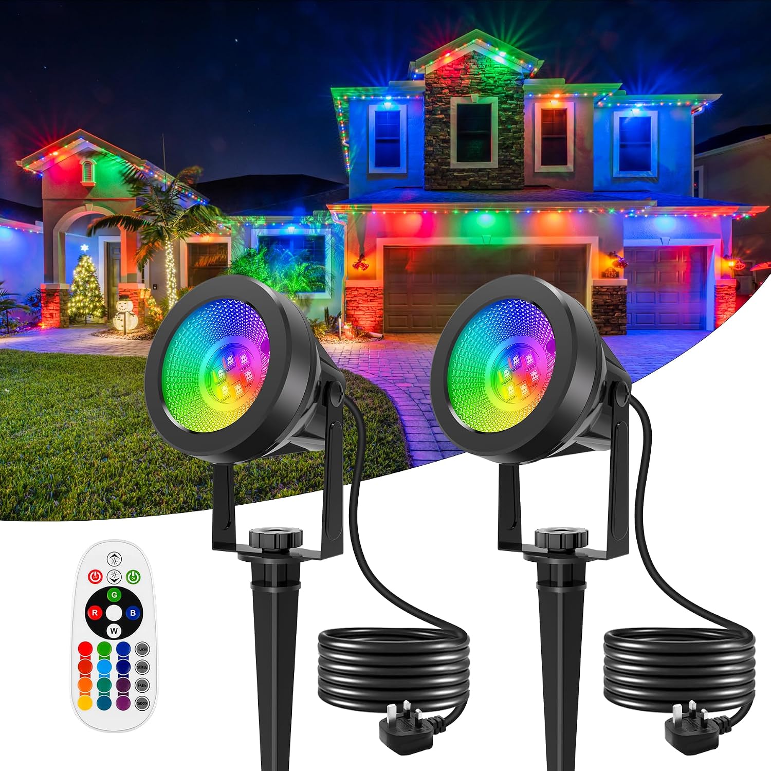 Detalle de NATPOW Garden Lights Mains Powered RGB Spot Lights (2 Pack) with 1.5m Cable and Remote – IP65 Waterproof