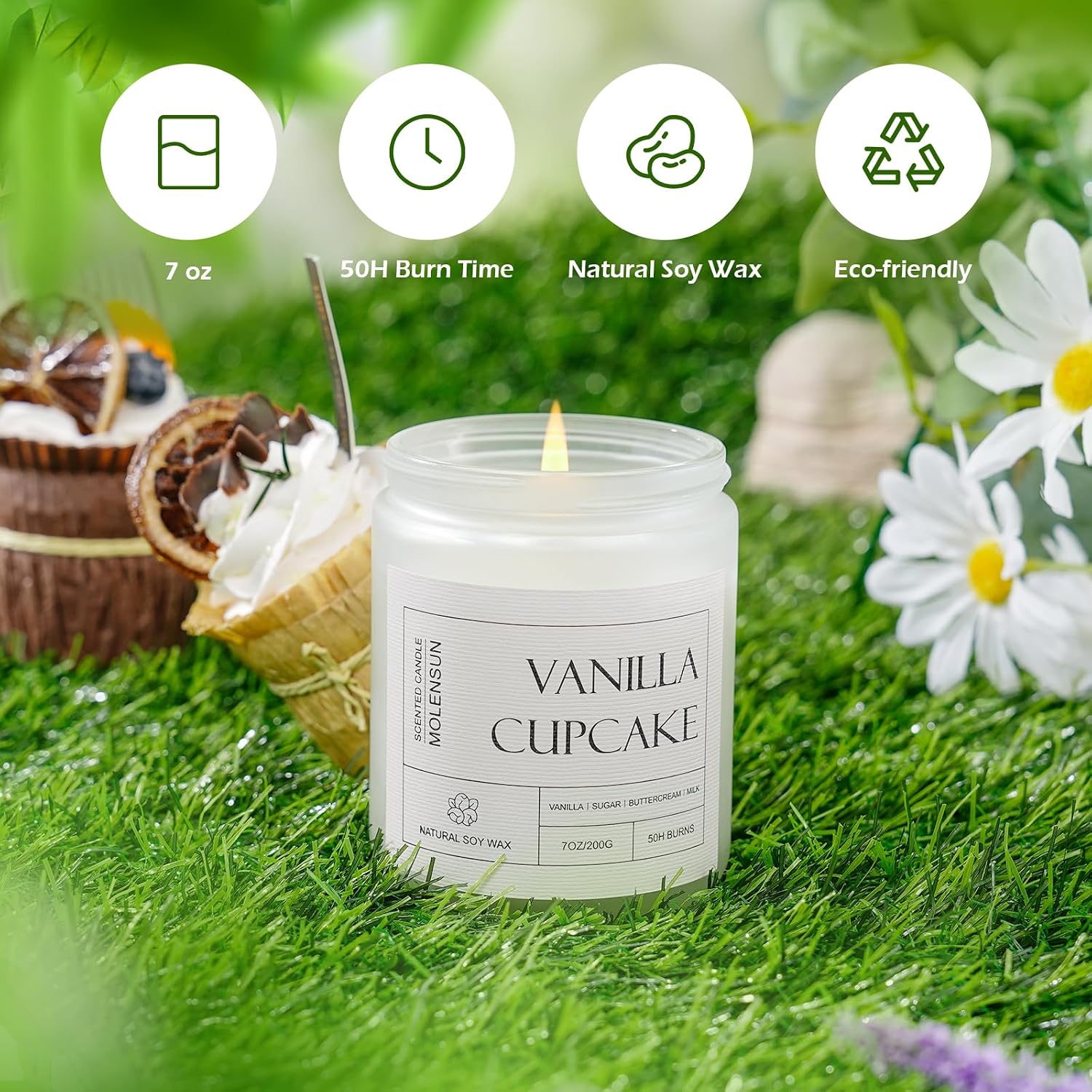 Detalle de Molensun Vanilla Cupcake Scented Candle — 7 oz Soy Jar for Relaxation and Ambiance