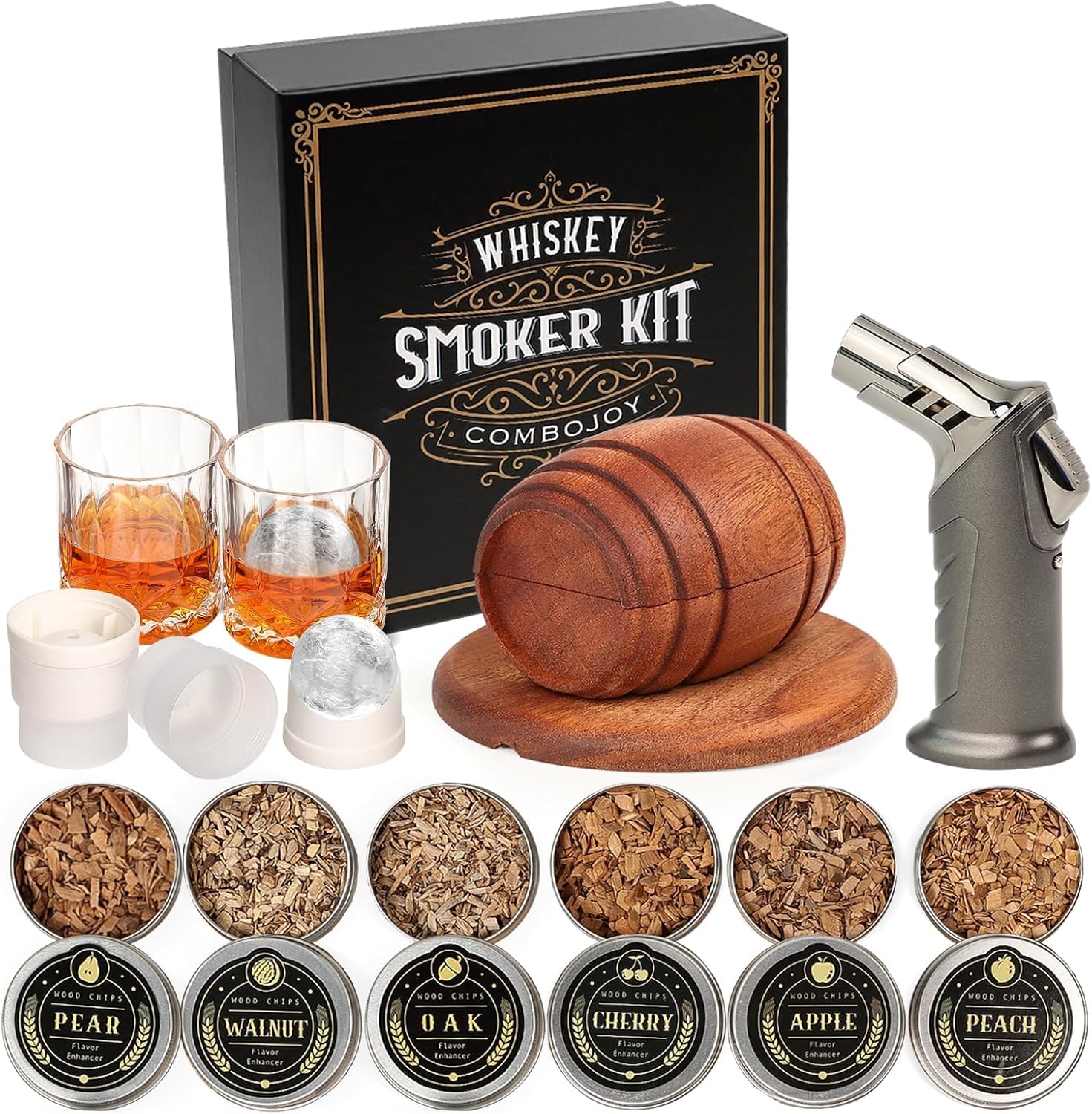 ComboJoy Whiskey Smoker Kit mit Torch, 6 Holzchips-Sorten, 2 Gläsern und 2 Ice-Ball-Formen (ohne Butan)