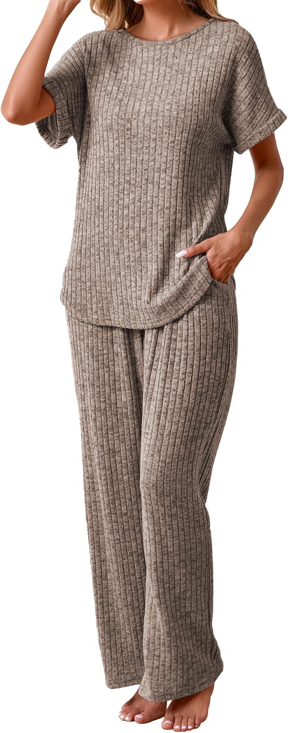 Detalle de Famulily Women's 2-Piece Ribbed-Knit Lounge Set with Pocketed Pants