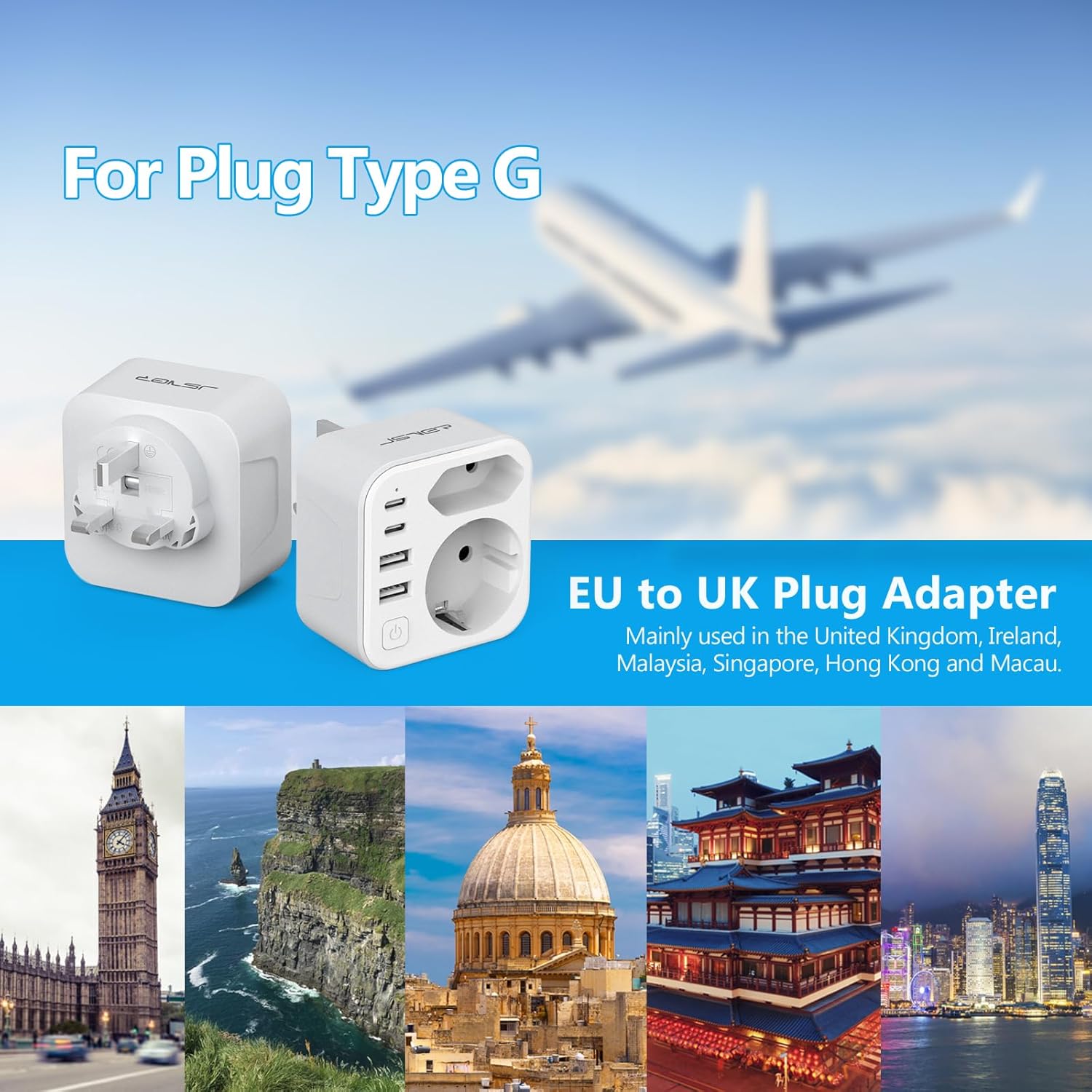 Thumbnail 1 de JSVER Adaptateur prise anglaise pour voyage France/Europe vers UK – 2 USB-C, 2 USB-A, 3680 W (Type G, blanc)
