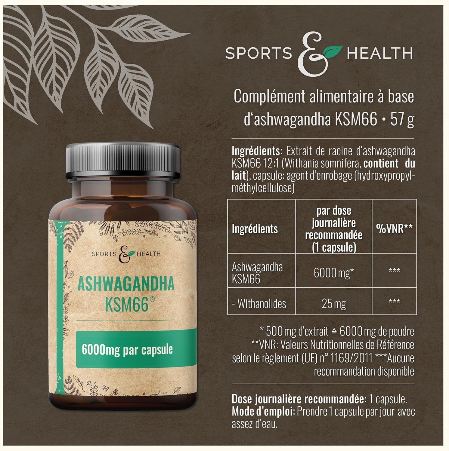 Detalle de Ashwagandha KSM-66 Gélules – Ultra dosé et pur, 100 gélules