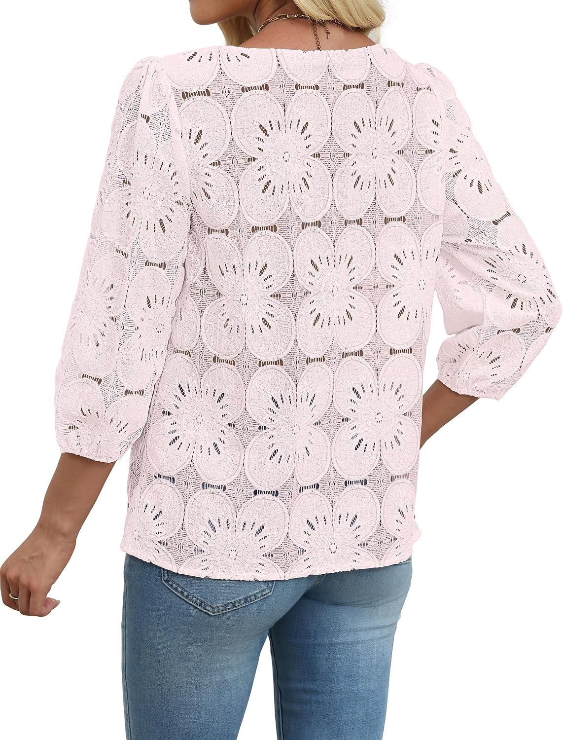 Detalle de Sampeel Women’s Lace Eyelet 3/4 Sleeve Blouse (Dressy-Casual Puff Sleeve Top)