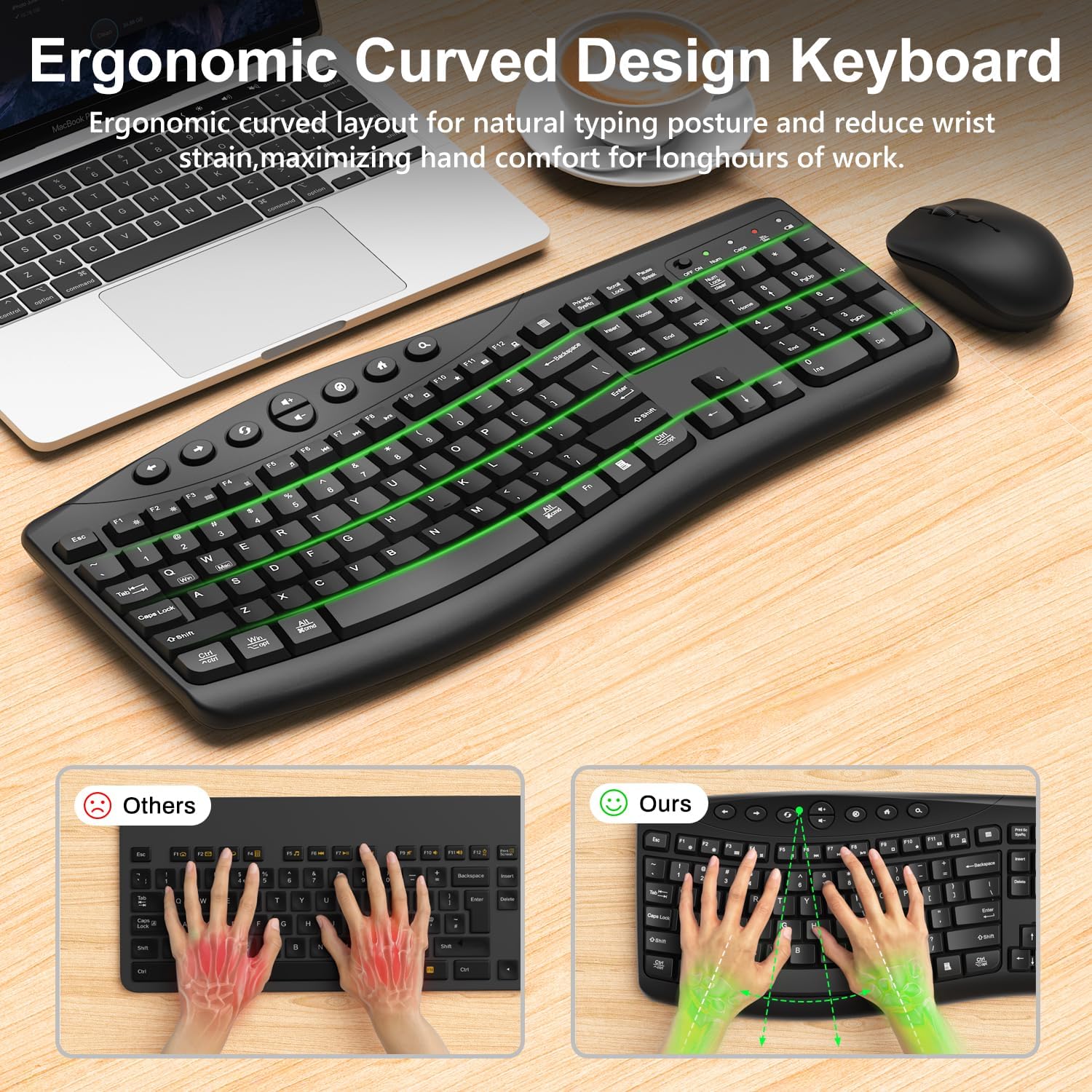 Detalle de Wireless Keyboard and Mouse Combo with Ergonomic Curved Design and Silent 2.4G Operation
