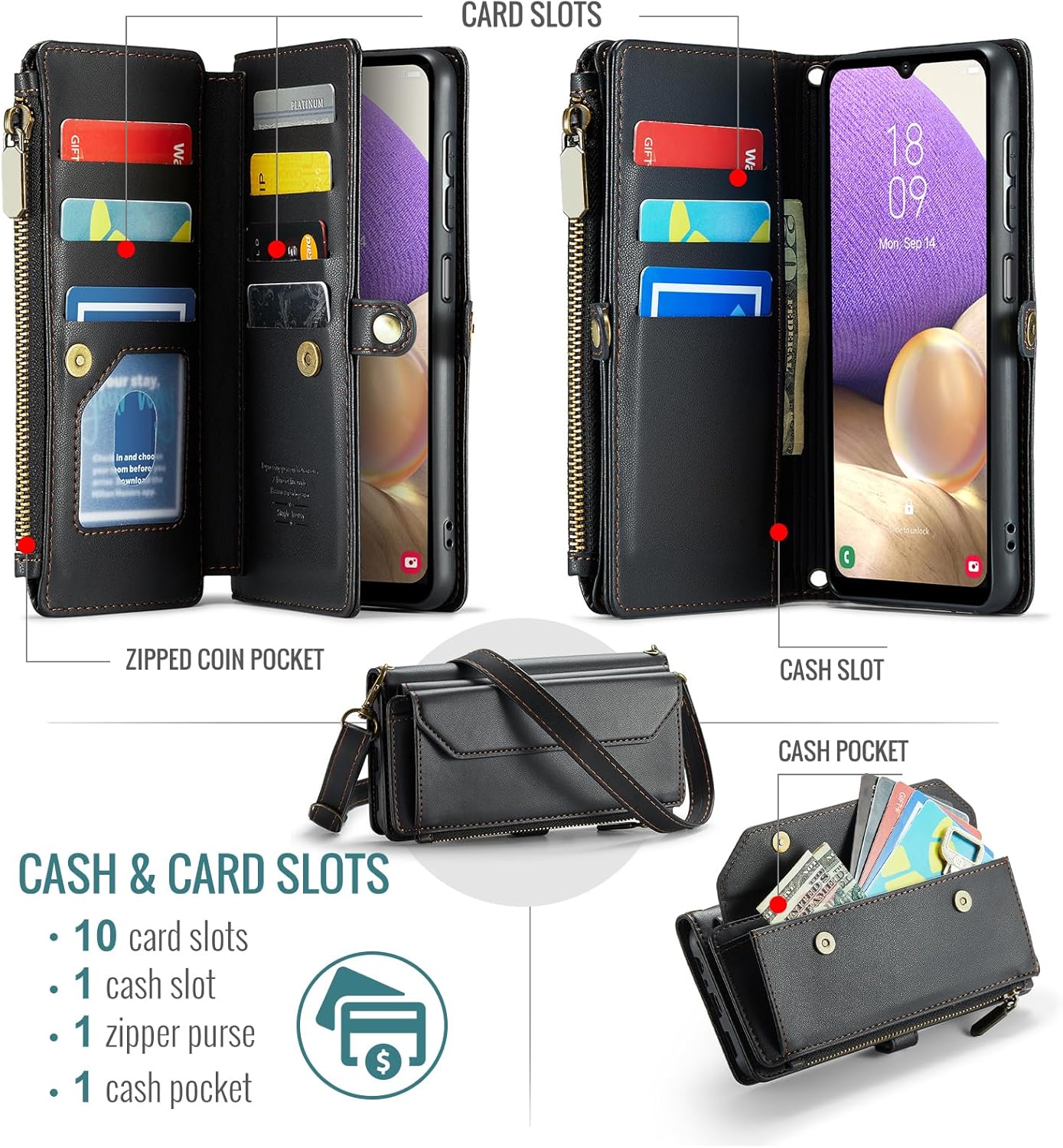 Thumbnail 2 de Phone Case for Samsung Galaxy A32 5G 2021 6.5 inch – Zipper Wallet Cover with Screen Protector and RFID Blocking Card Holder