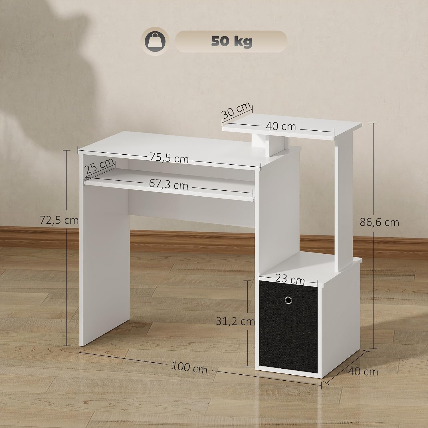 Detalle de HOMCOM Bureau informatique multimédia avec étagères, tablette et clavier – 100 x 40 x 86,6 cm, noir/blanc