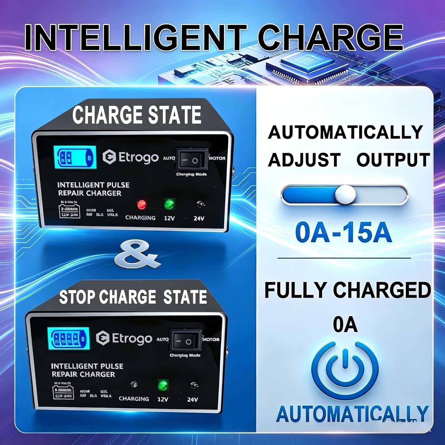 Thumbnail 1 de Etrogo Intelligentes 12/24V Autobatterieladegerät 15A – 5-Stufen-Pulslader mit LED-Balkenanzeige