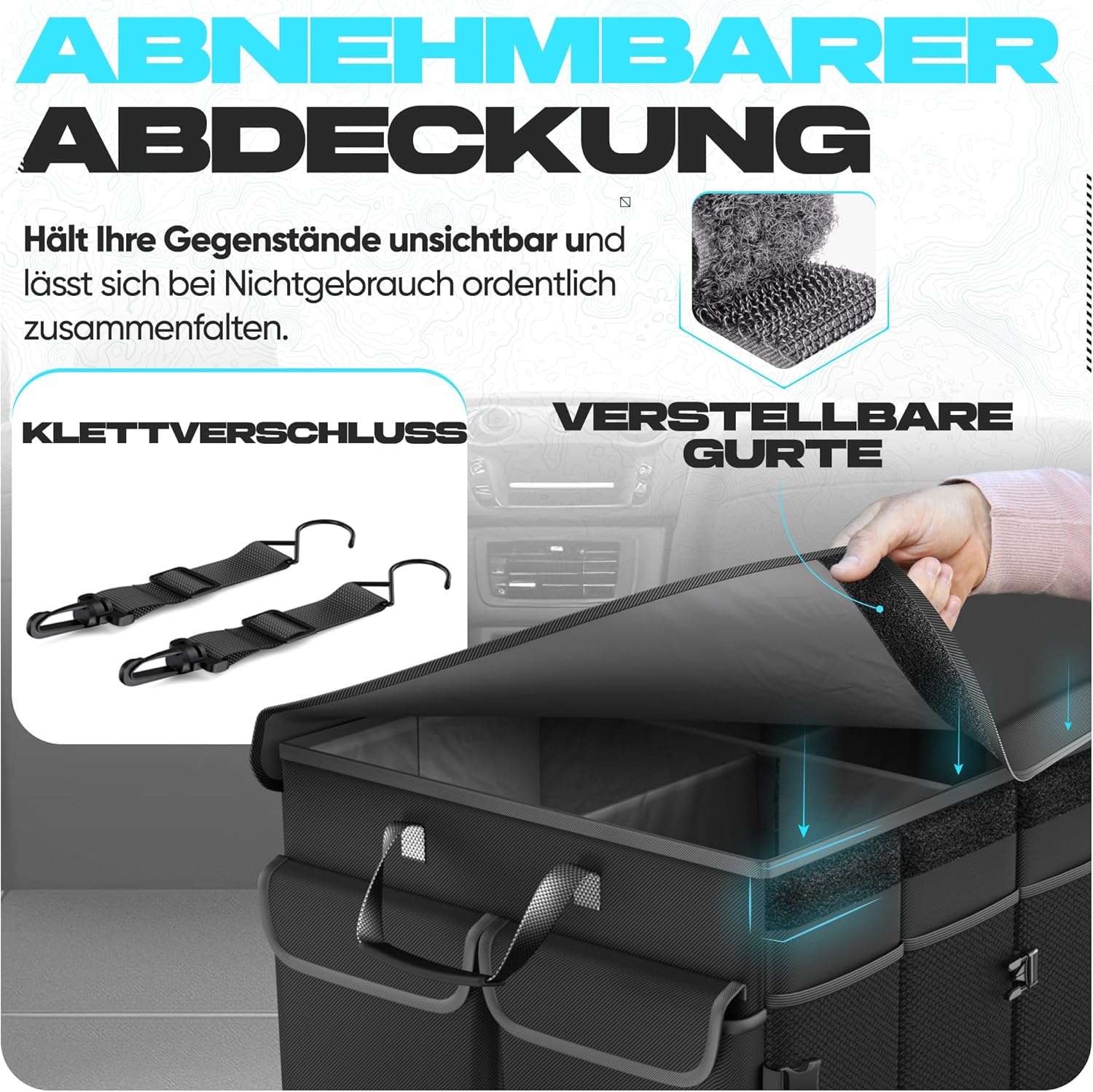 Detalle de FORTEM Kofferraum-Organizer mit Kühler – faltbar, mit Befestigungsgurten und rutschfestem Boden