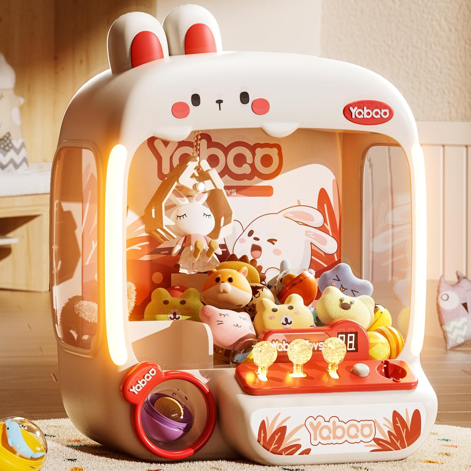 64 PCS Kids Bunny Claw Machine Vending Game (USB or Battery, Back Door for Swapping Prizes)