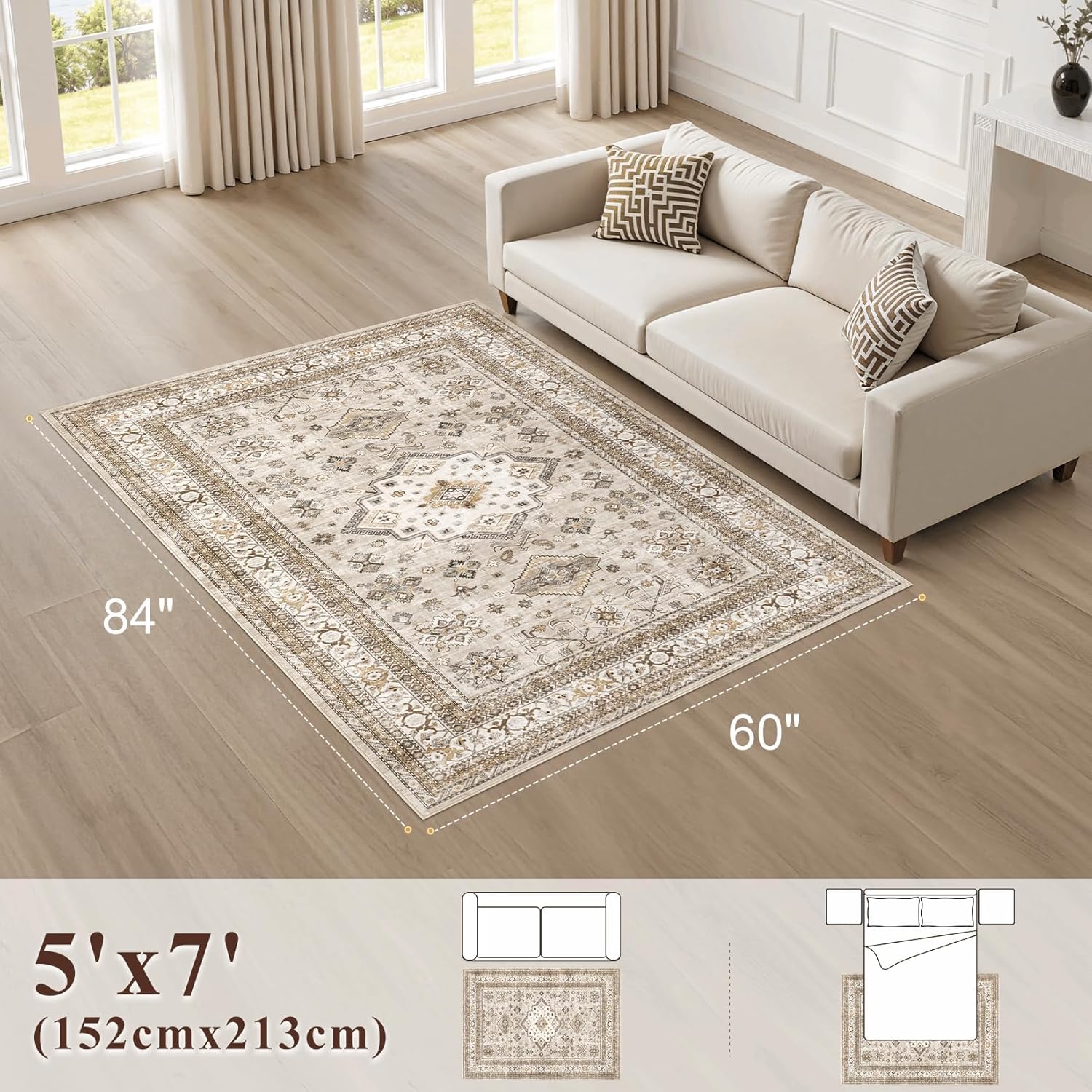 Thumbnail 1 de Vintage Living Room Area Rug 5x7 (Beige) — Soft Washable Traditional Oriental Distressed Farmhouse Carpet