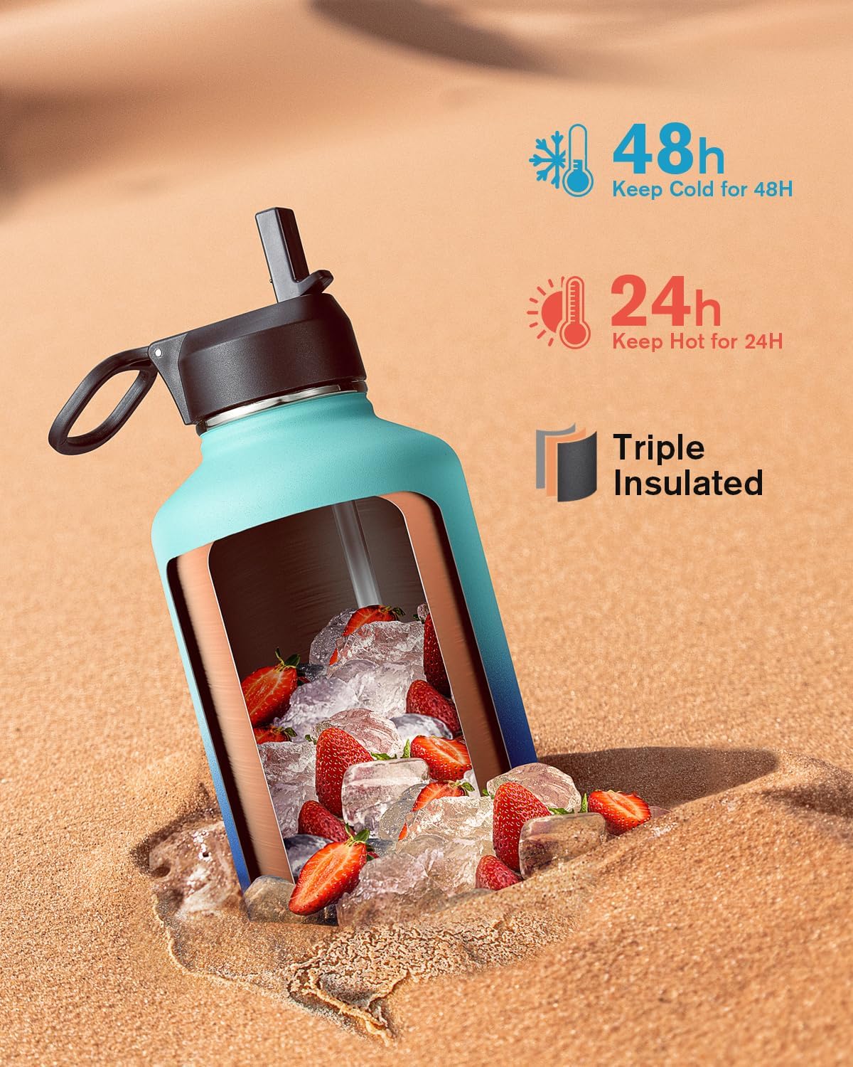 Detalle 2 de Coolflask Botella de Agua Aislada 2L con 3 tapas