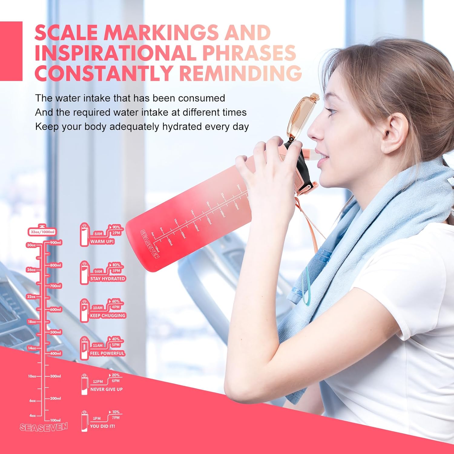 Thumbnail 1 de SEASEVEN 1L Tritan water bottle with straw (BPA-free, leak-proof) in gradient pink