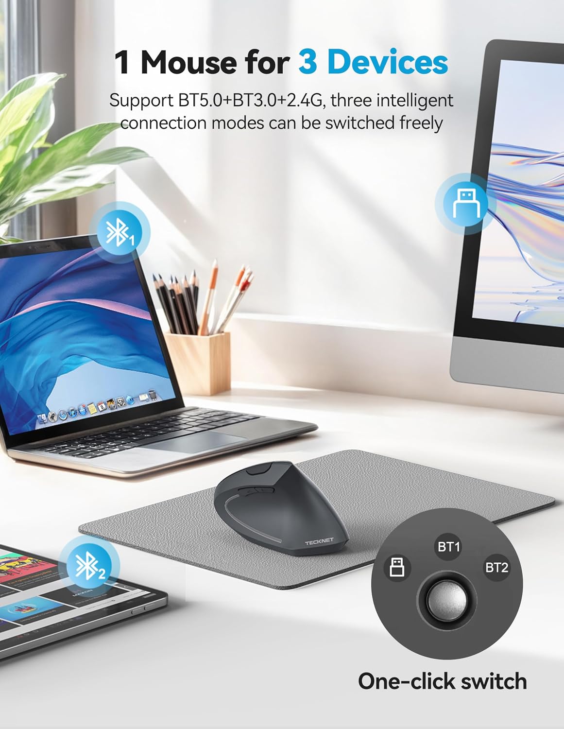 Detalle de TECKNET Ergonomic Mouse: Wireless Right-Handed Vertical Mouse with BT/USB-A, 6-Button, 4800 DPI, Quiet Clicks