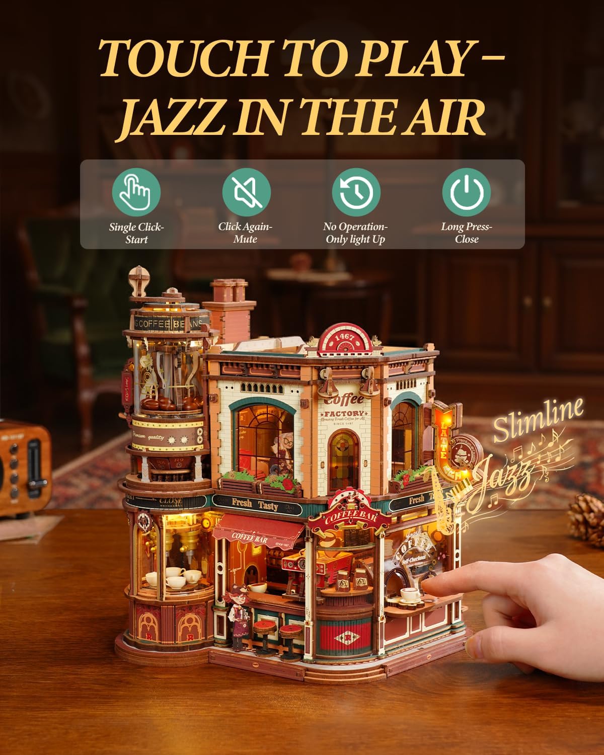 Detalle de ROKR Dream Coffee Factory: 3D Wooden Model Kit with Music Box for Adults