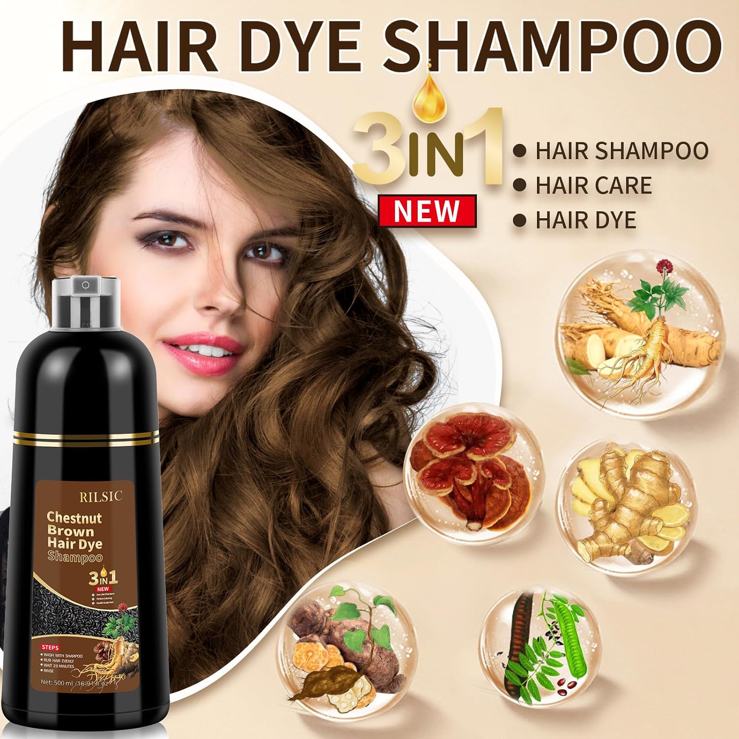 Thumbnail 1 de JELMOK 500ML Shampoo Colorante 3-in-1 – Copre i capelli bianchi, colore naturale Chestnut Brown