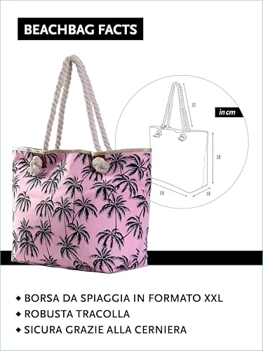 Detalle de DonDon Grande borsa da spiaggia idrorepellente con cerniera – Shopper Palmas rosa