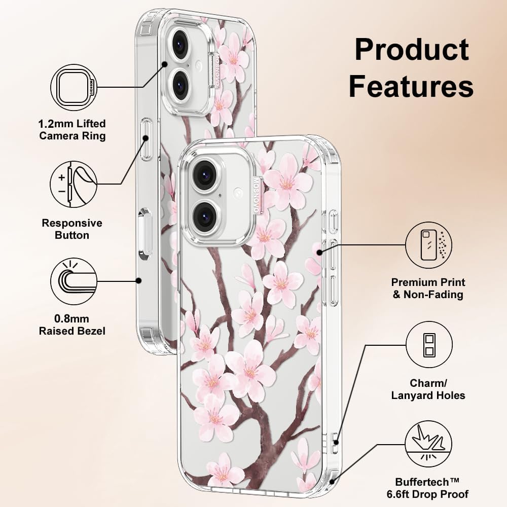 Thumbnail 5 de MOSNOVO Case for iPhone 16 Plus with Buffertech 6.6ft Protection – Cherry Blossom Clear TPU Bumper