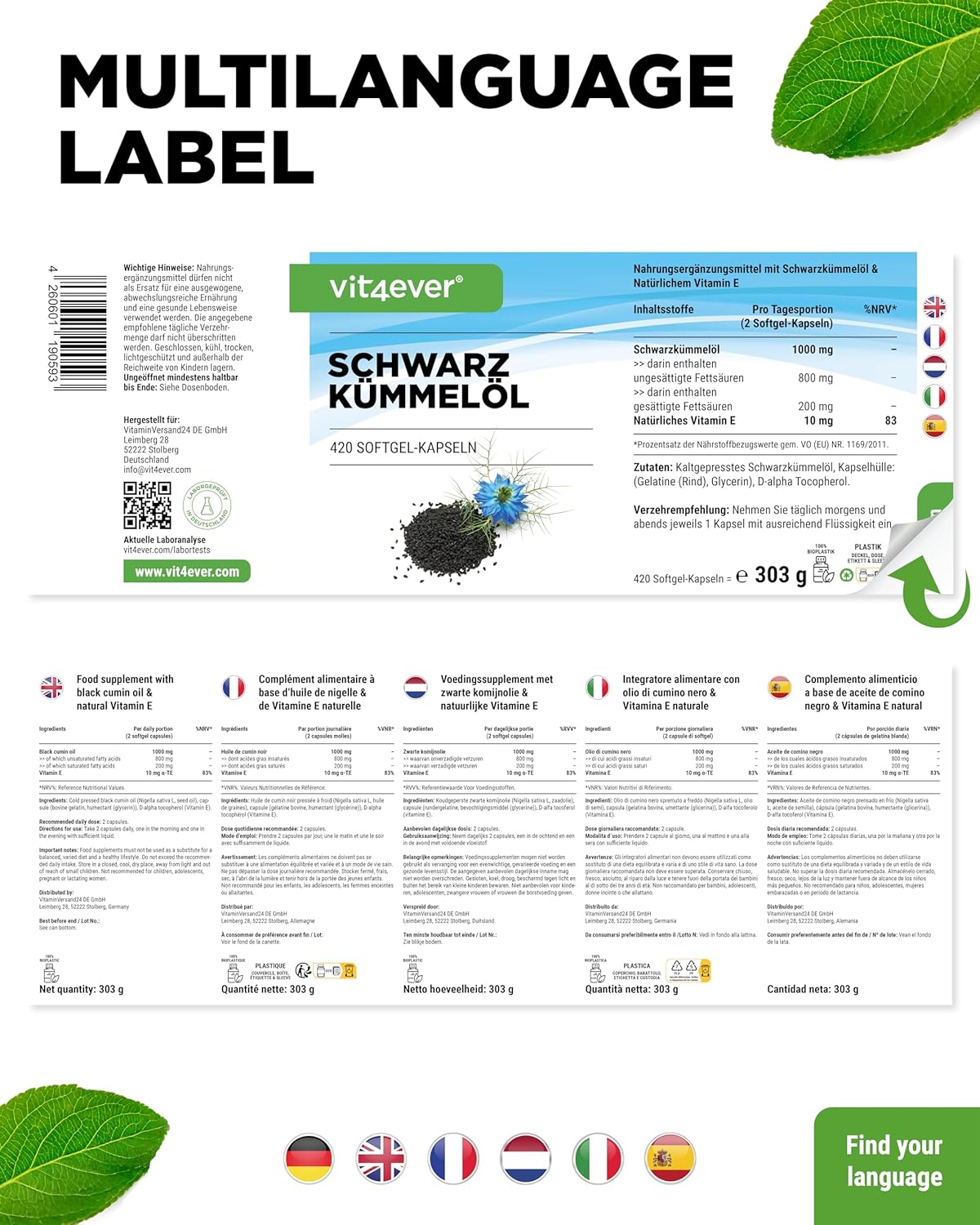Detalle de vit4ever Schwarzkümmelöl – 420 Kapseln (Ägyptisch, naturbelassen & kaltgepresst)