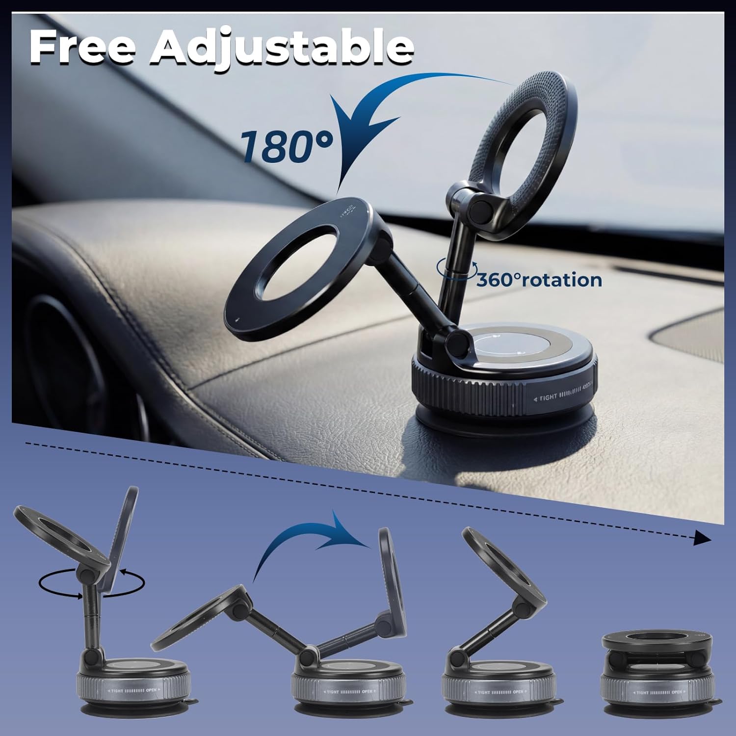 Detalle de Hoikwo Car Phone Holder – 360° Rotatable, Foldable Vacuum Magnetic Mount for Cars