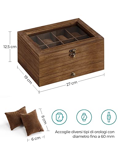 Detalle de SONGMICS GISELLA Collezione Scatola per Orologi con 8 Scomparti, Noce Rustico, 2 Livelli con Coperchio in Vetro