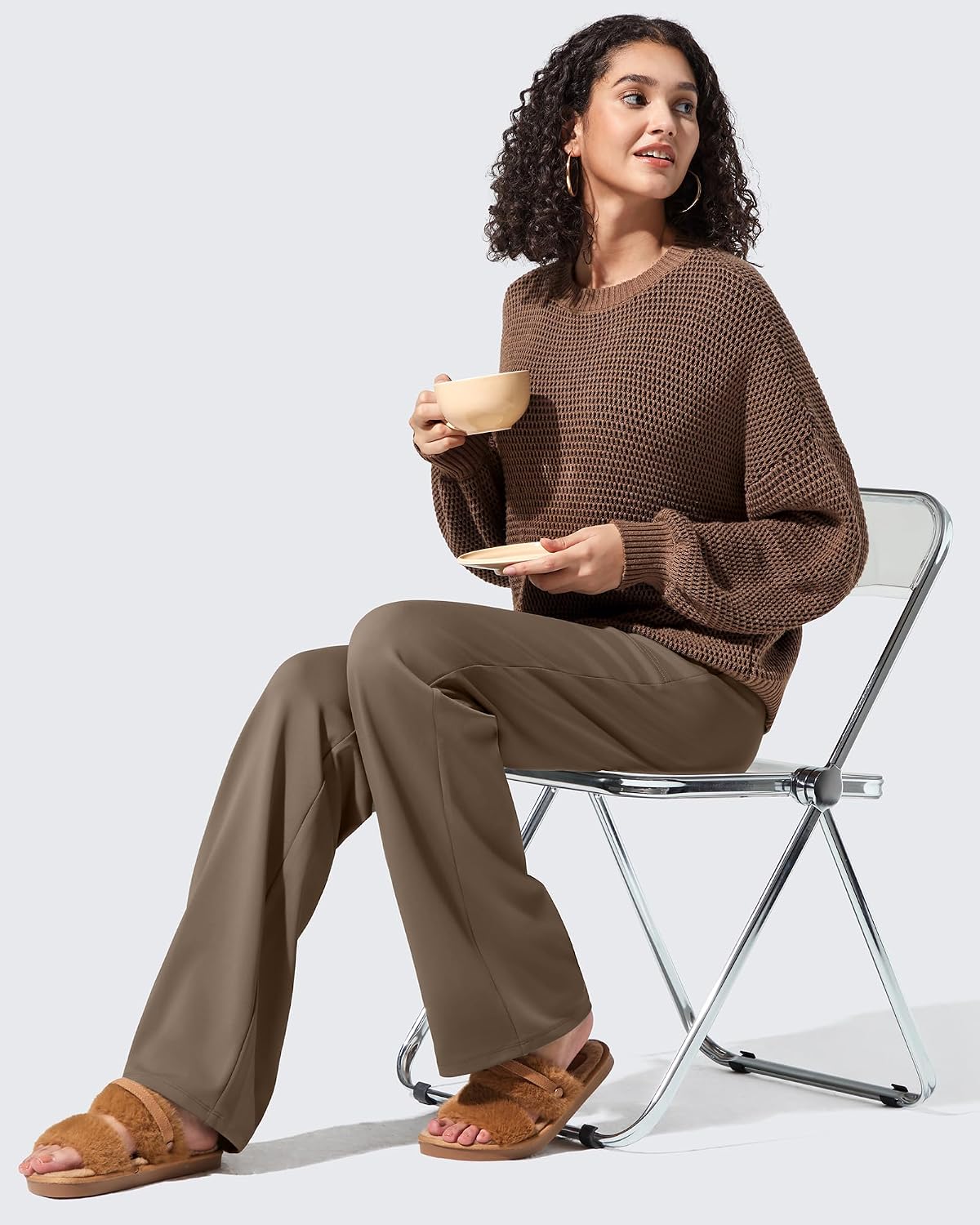 Detalle de G4Free Fleece-Lined Wide-Leg Pants for Women, Stretch Fabric and Pockets